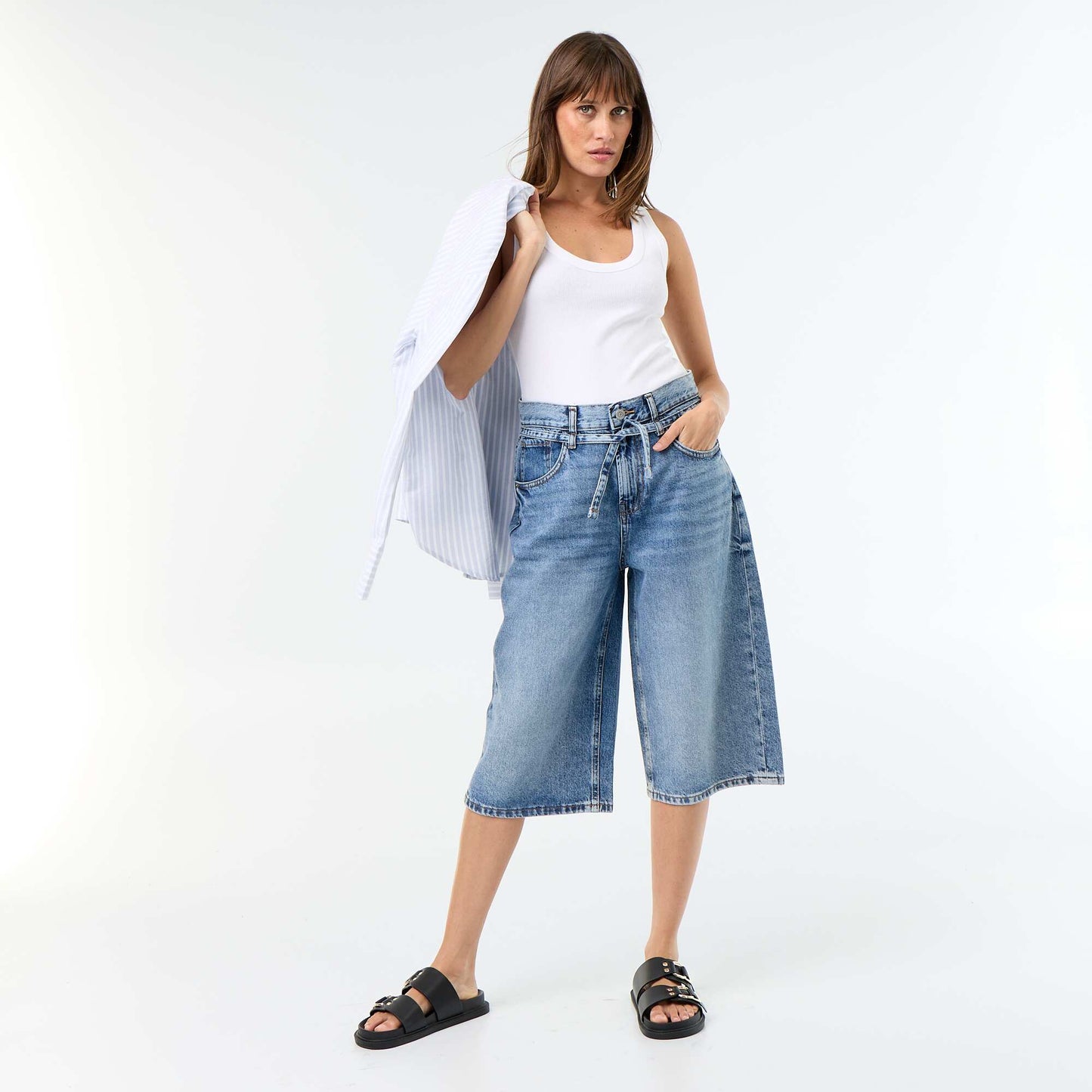 Denim Bermuda Shorts with Tie Belt BLUE