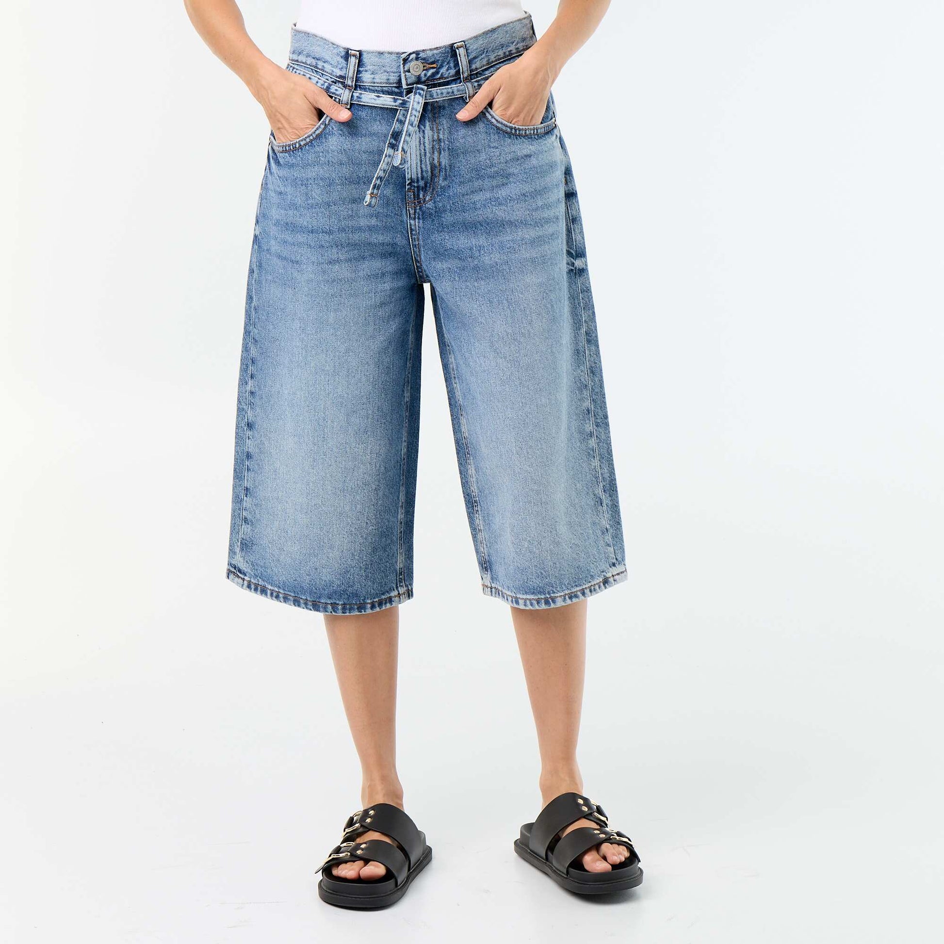 Denim Bermuda Shorts with Tie Belt BLUE