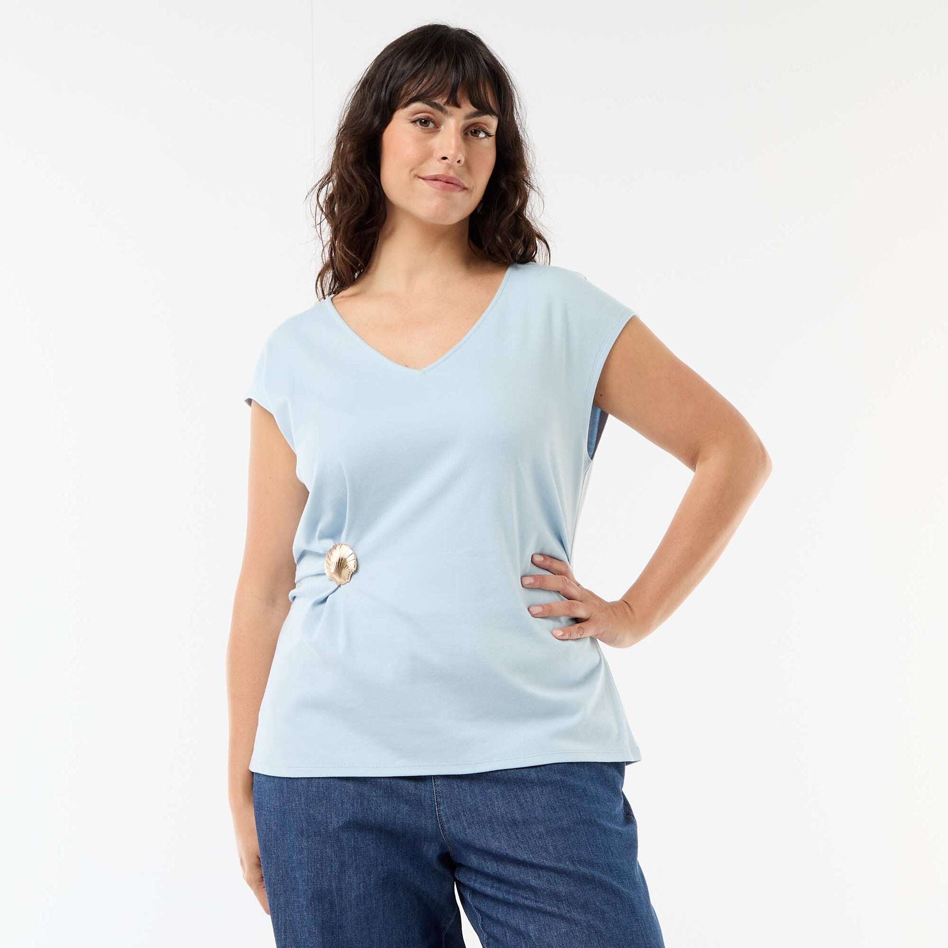 Draped T-shirt with Gold Brooch Detail BLUE