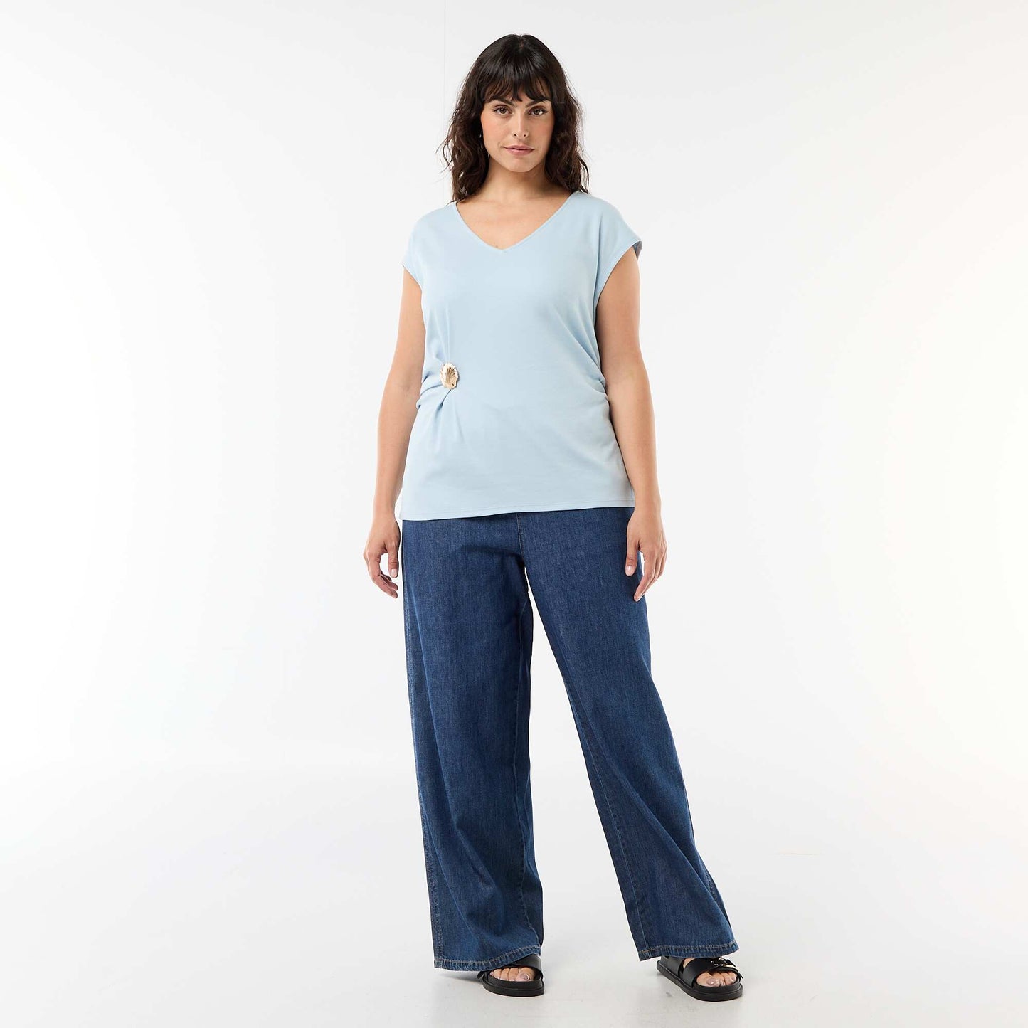 Draped T-shirt with Gold Brooch Detail BLUE
