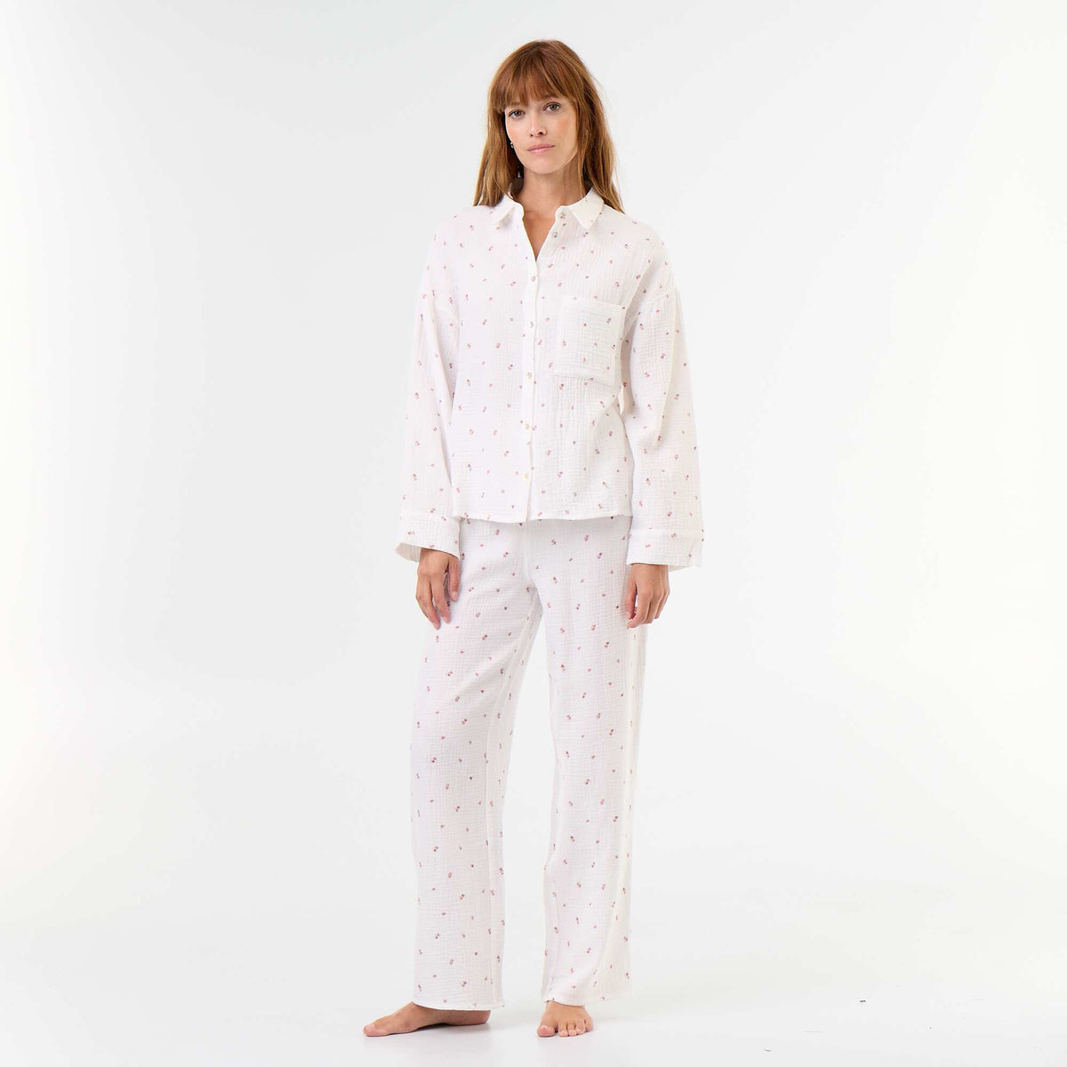 Floral Two-Piece Cotton Gauze Pajama Set WHITE