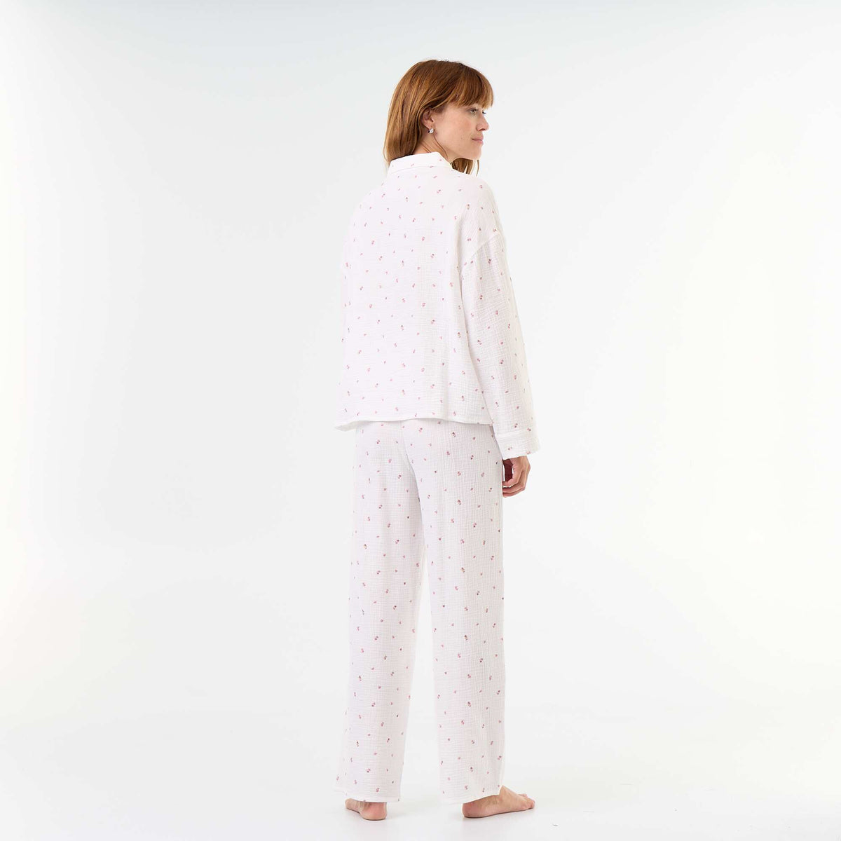 Floral Two-Piece Cotton Gauze Pajama Set WHITE