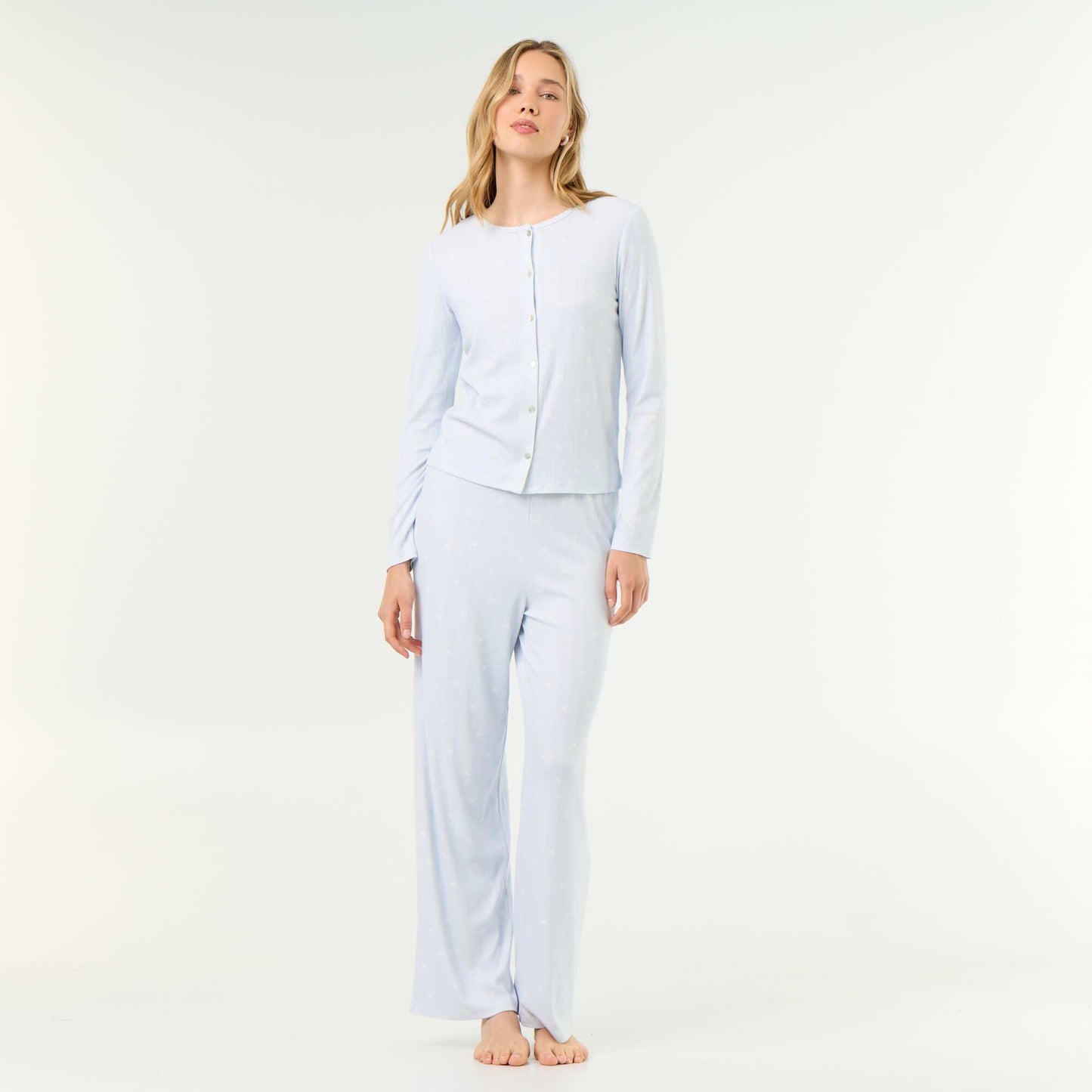 2-piece Pointelle Knit Pajama Set - Top + Pants BLUE