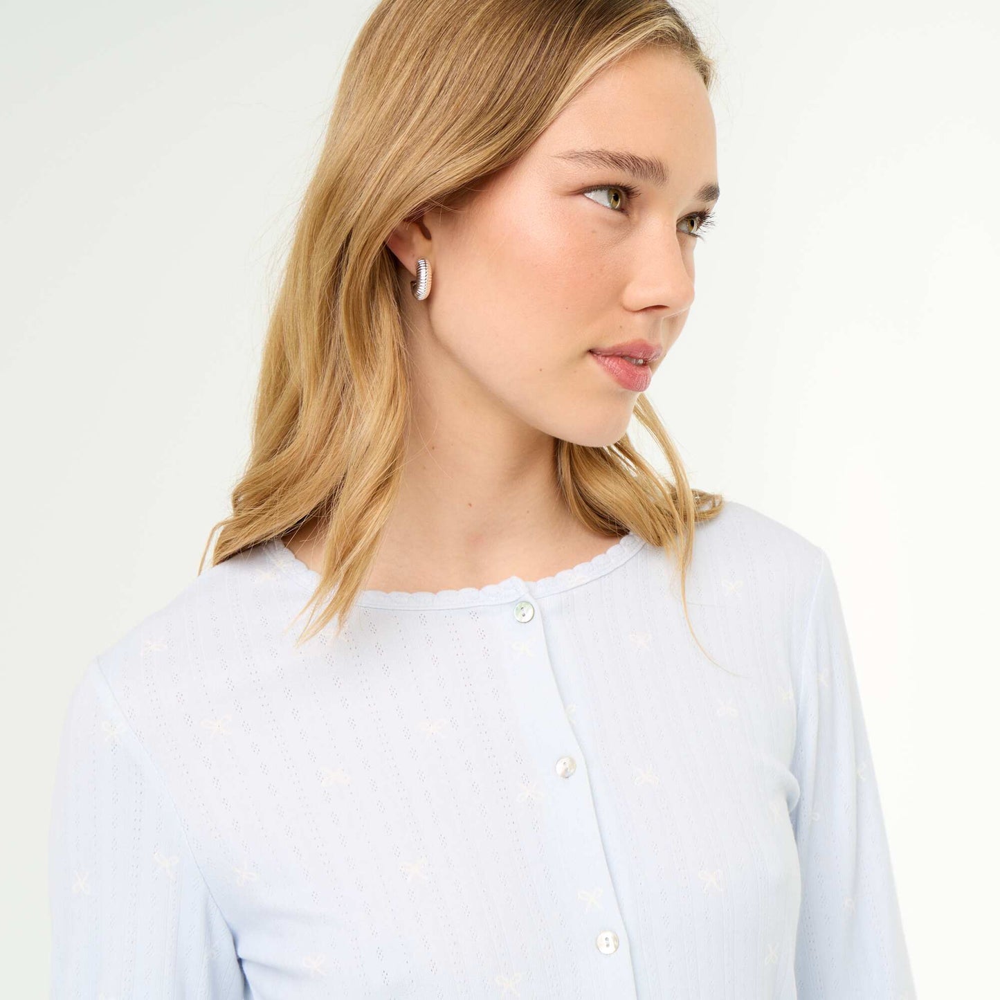 2-piece Pointelle Knit Pajama Set - Top + Pants BLUE