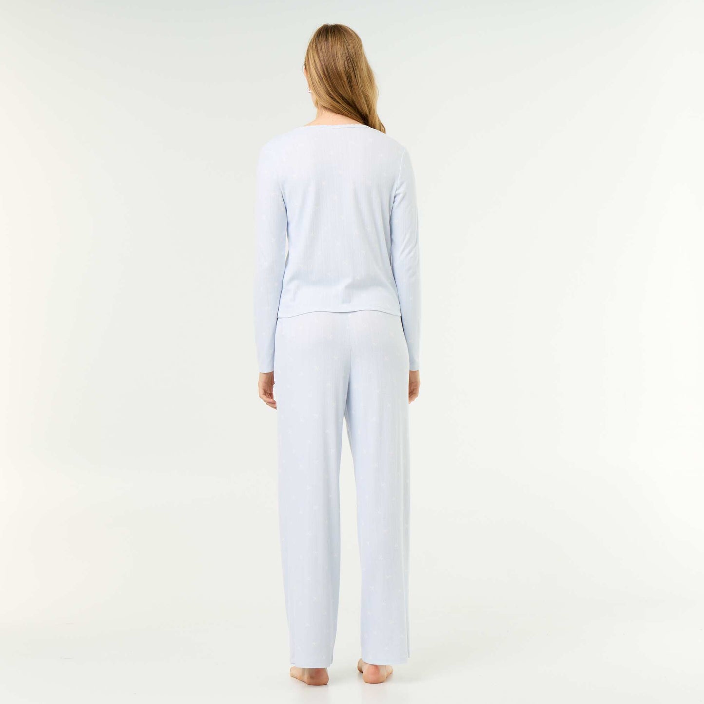 2-piece Pointelle Knit Pajama Set - Top + Pants BLUE