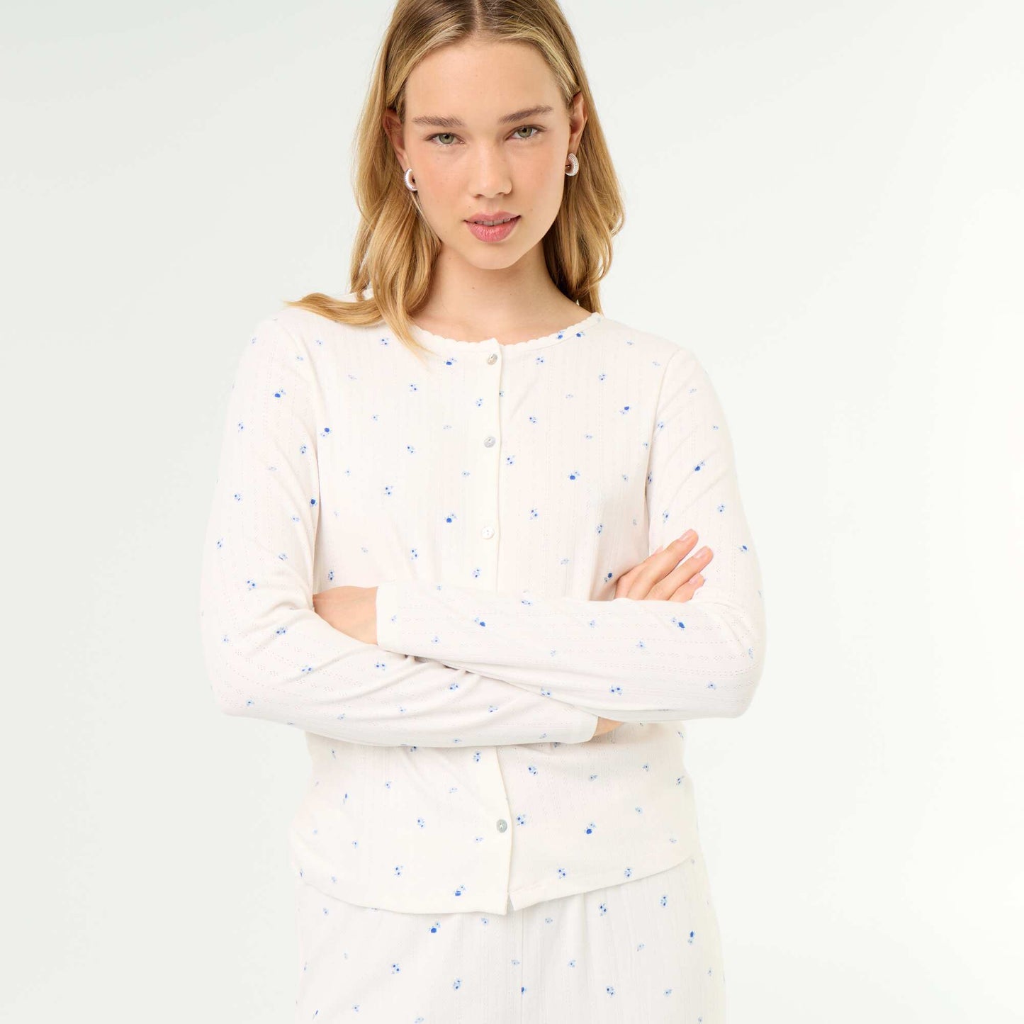 2-piece Pointelle Knit Pajama Set - Top + Pants WHITE