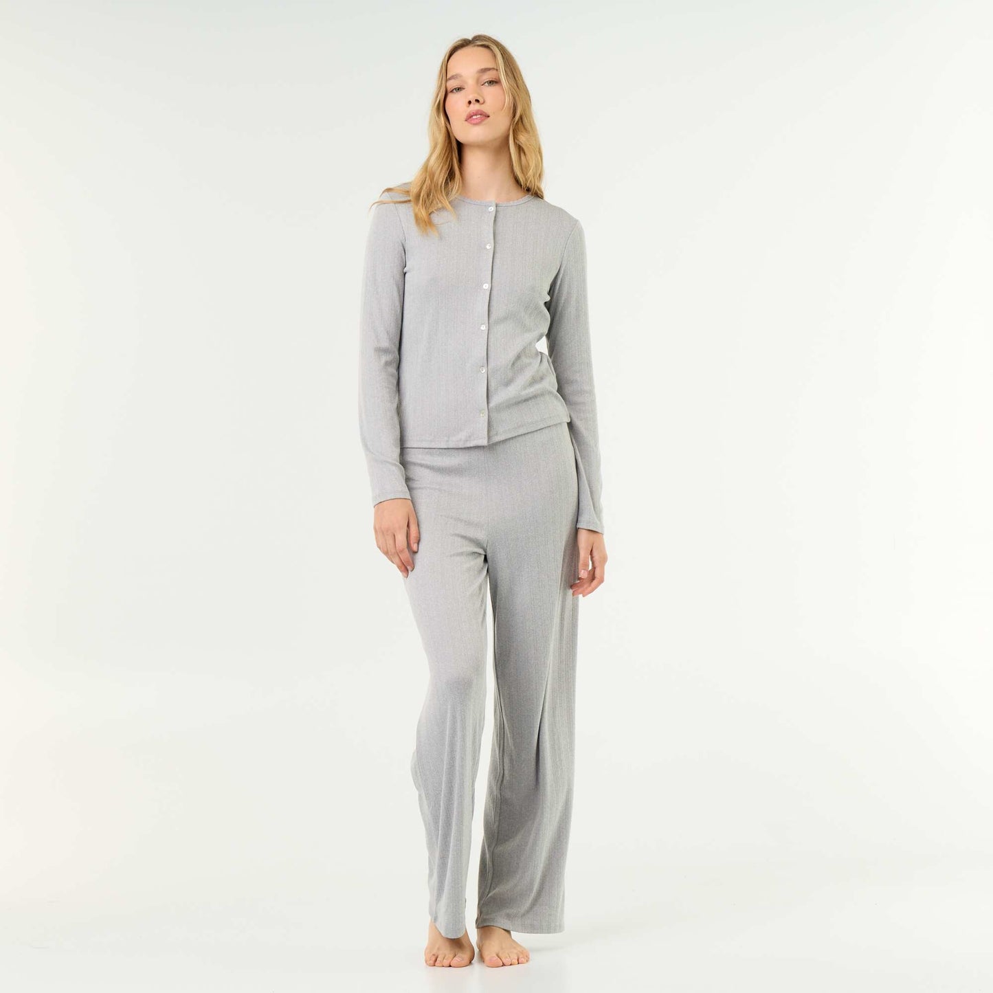 2-Piece Pointelle Knit Pajama Set - Cardigan & Pants GREY