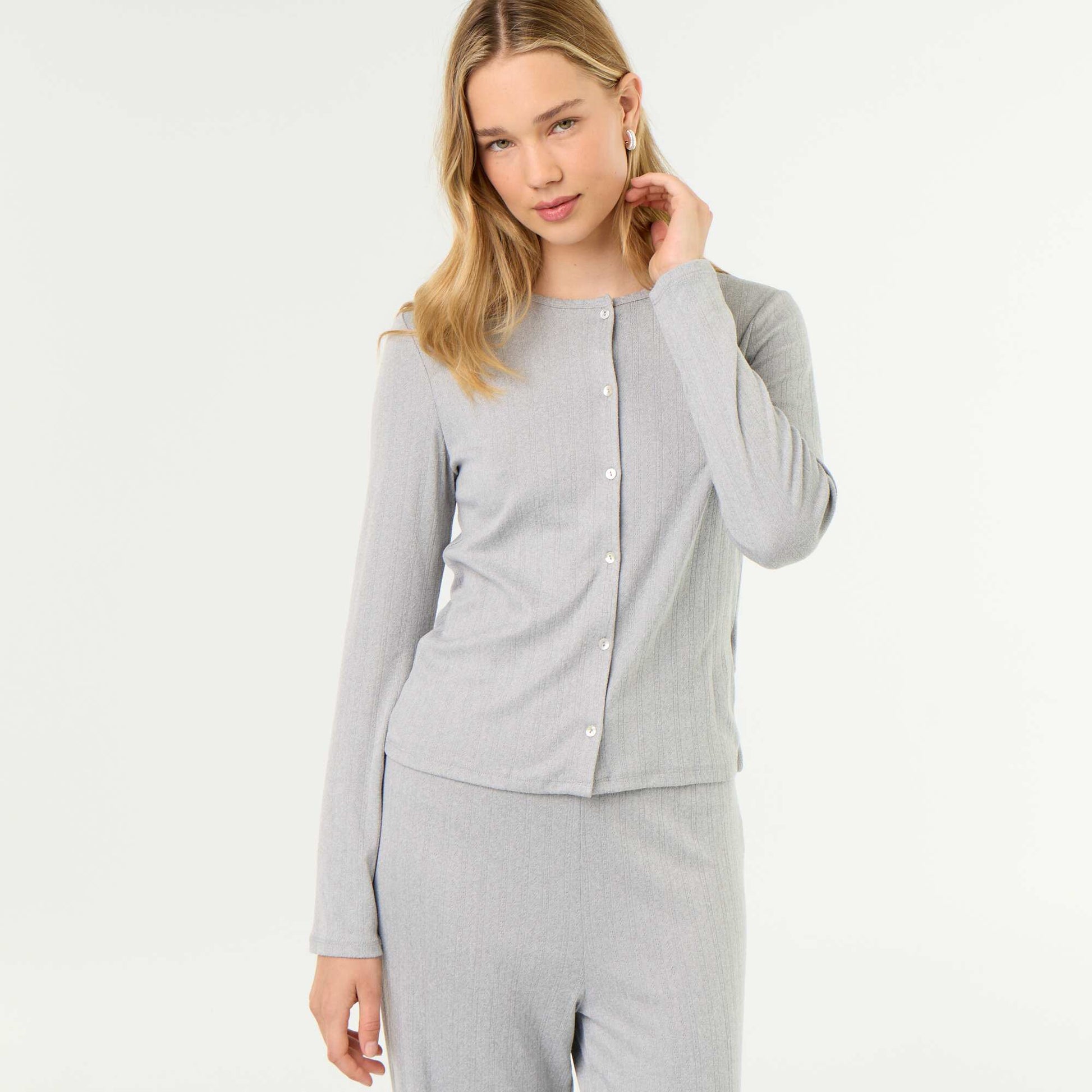 2-Piece Pointelle Knit Pajama Set - Cardigan & Pants GREY