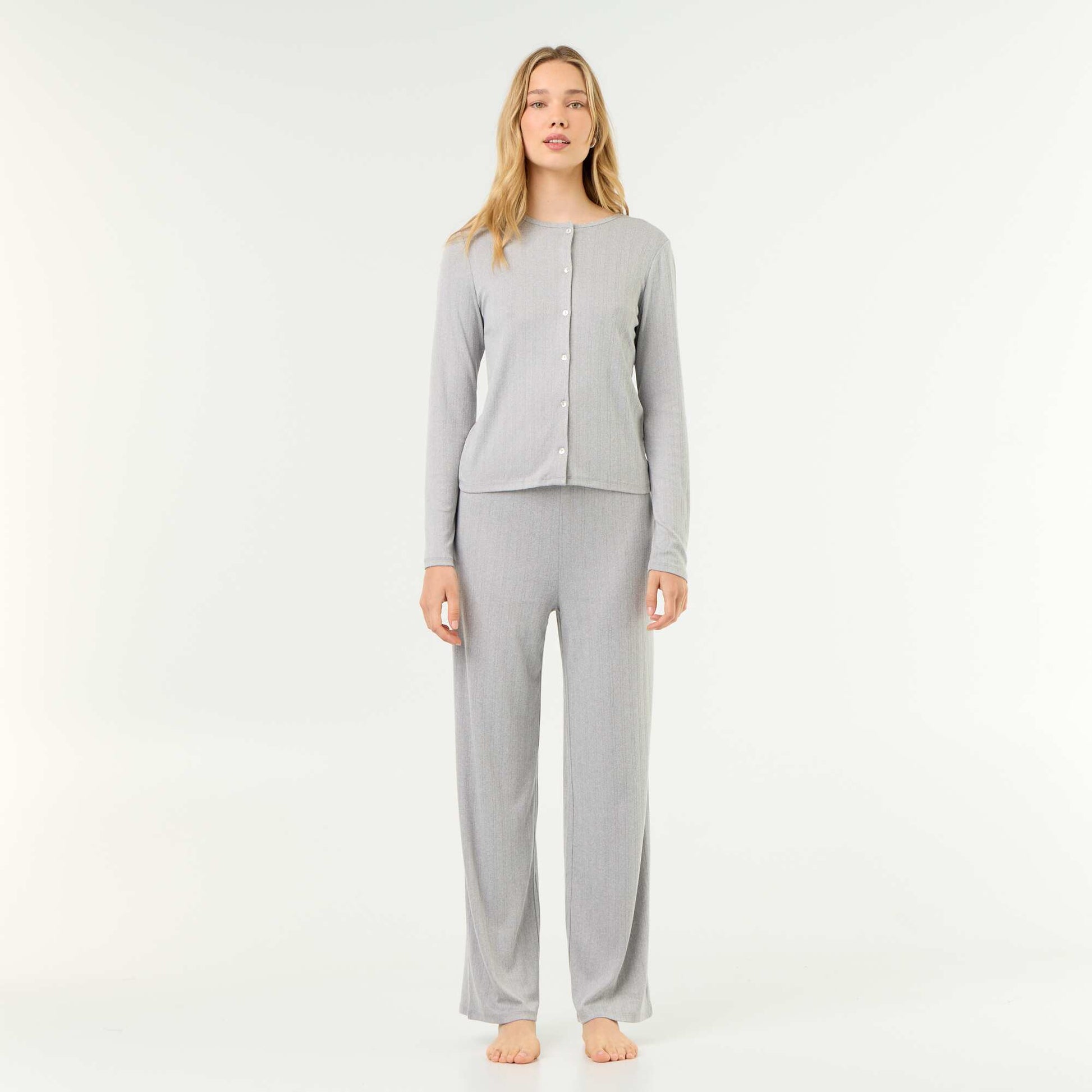2-Piece Pointelle Knit Pajama Set - Cardigan & Pants GREY
