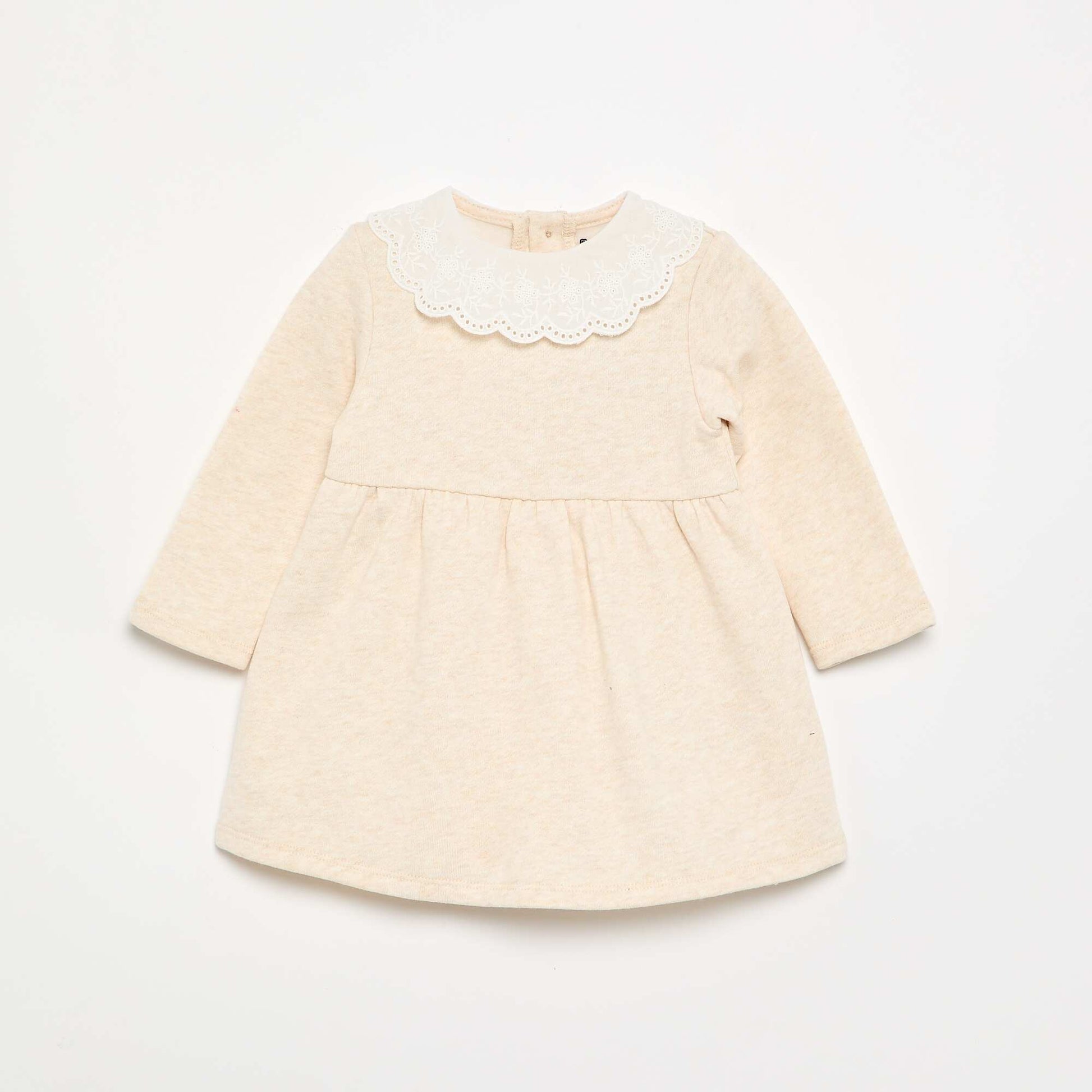 Long-sleeved fleece dress with embroidered collar BEIGE