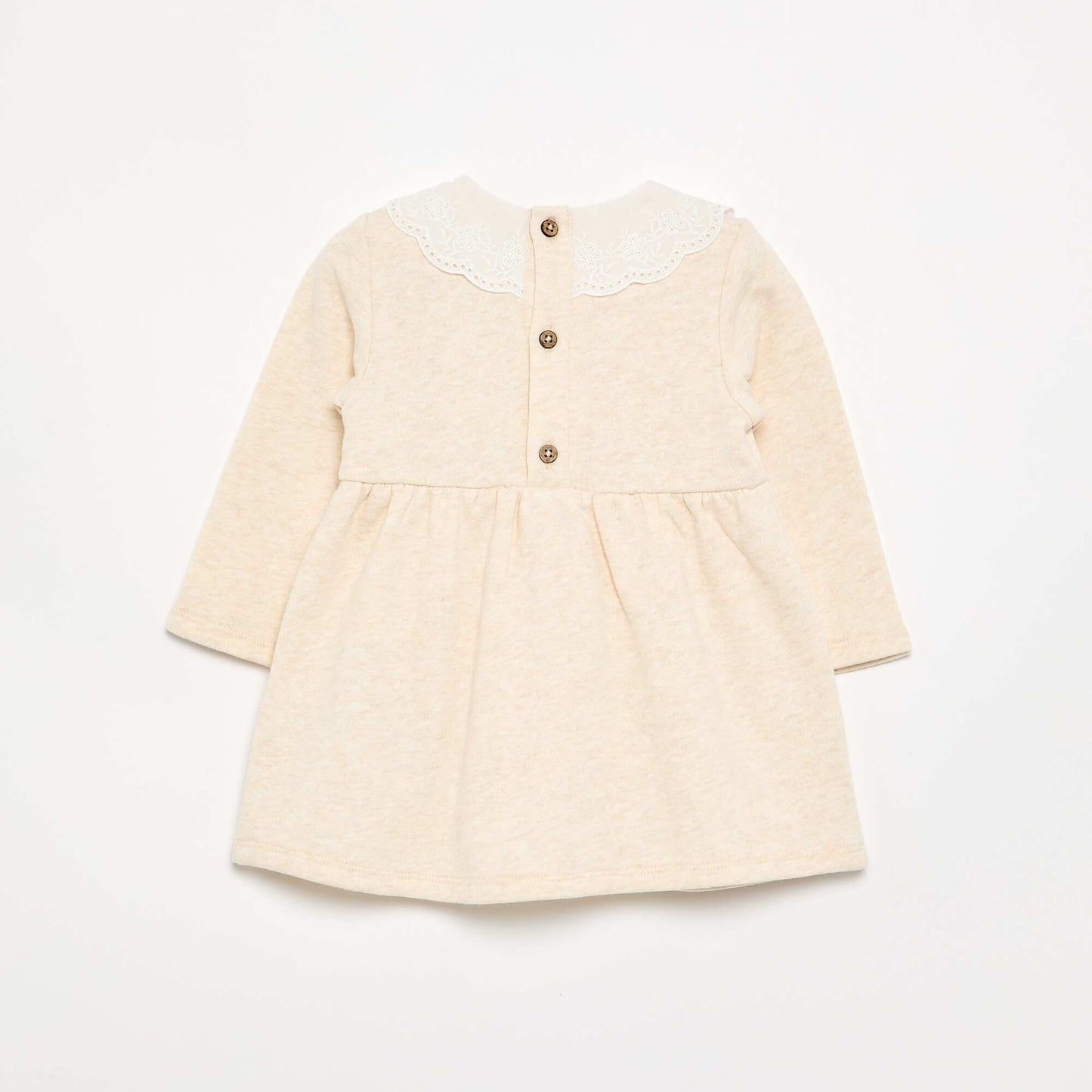 Long-sleeved fleece dress with embroidered collar BEIGE