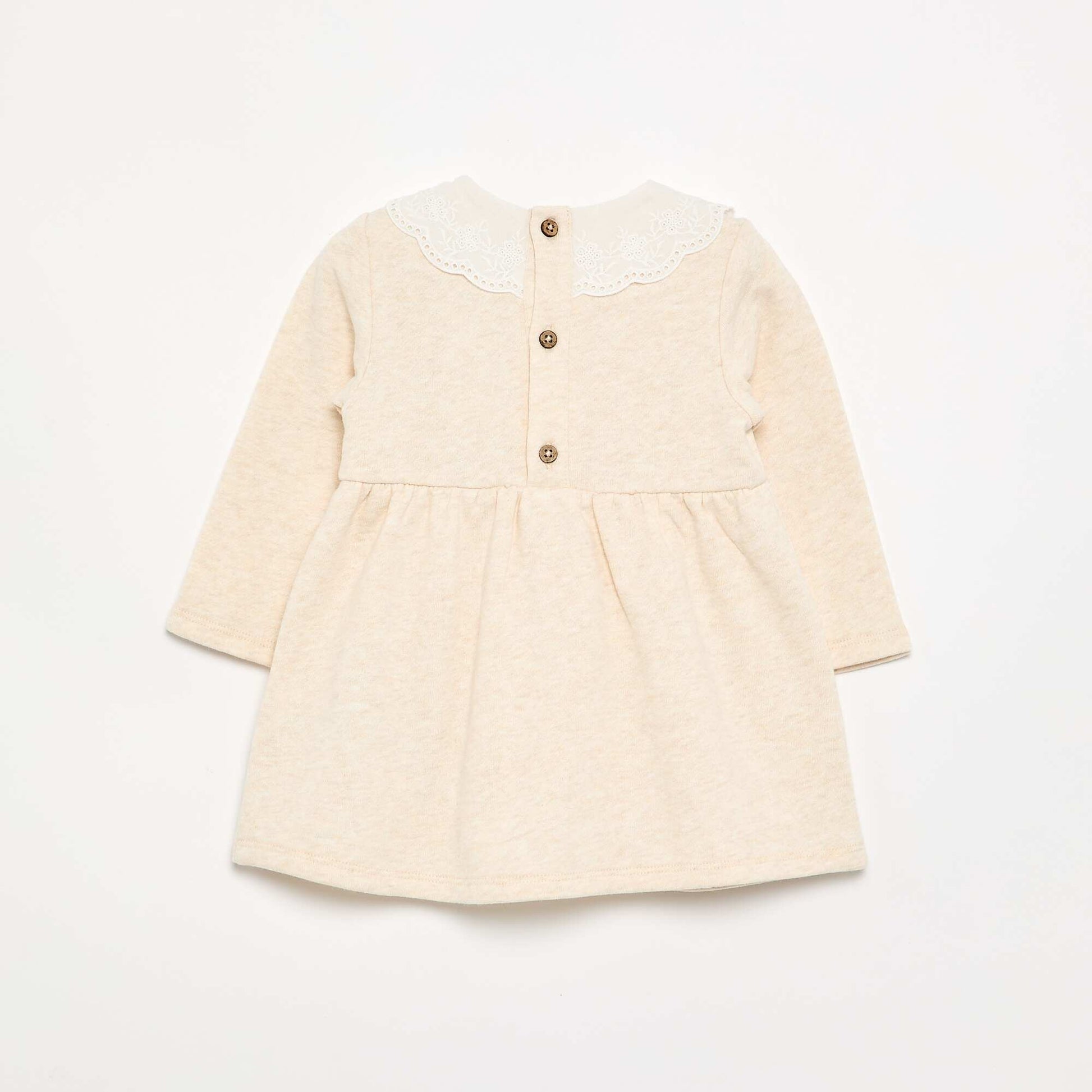 Long-sleeved fleece dress with embroidered collar BEIGE