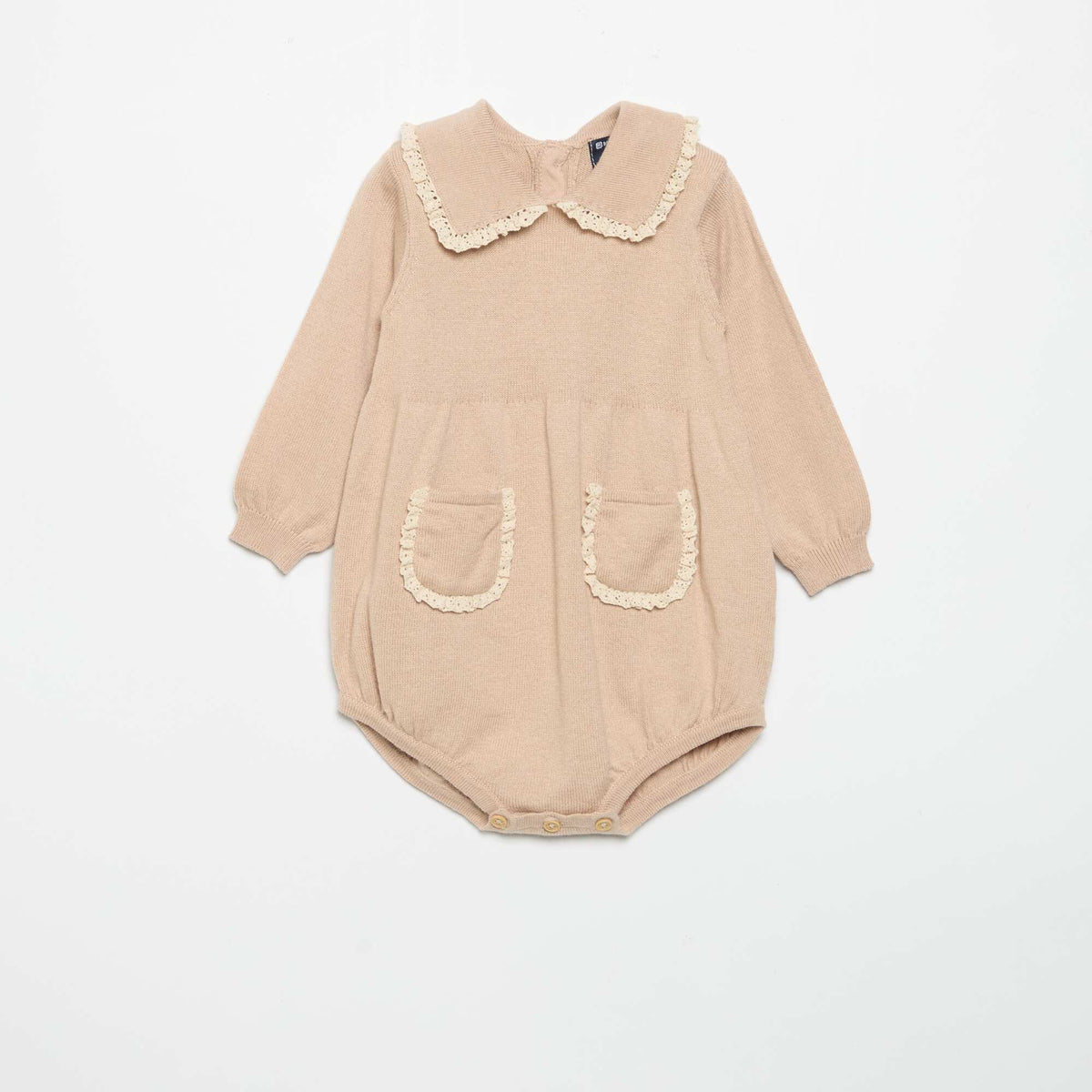 Knitted romper with fancy collar and pockets BEIGE