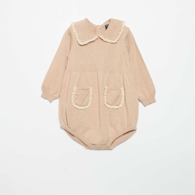 Knitted romper with fancy collar and pockets BEIGE