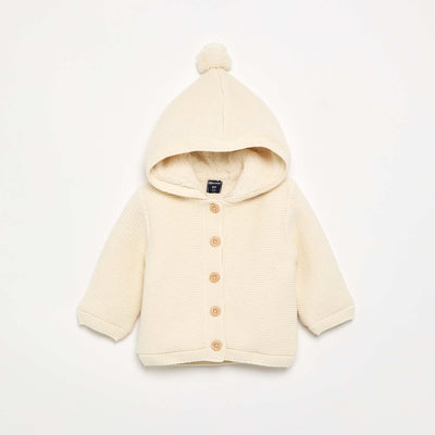 Moss stitch lined hooded cardigan WHITE