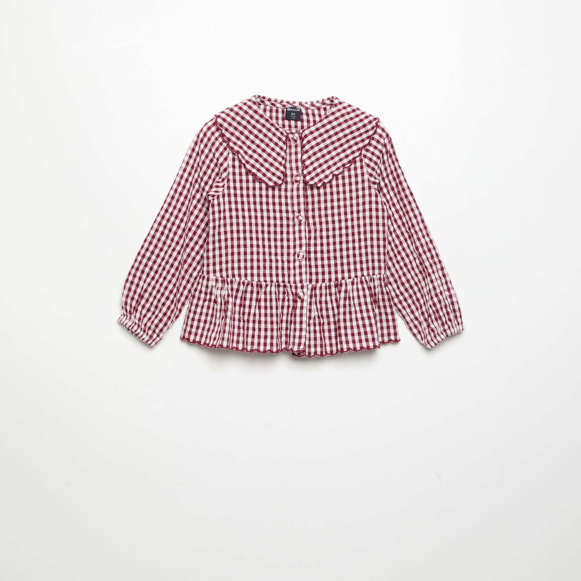 Plaid Cotton Voile Blouse with Fancy Collar BURGUNDY