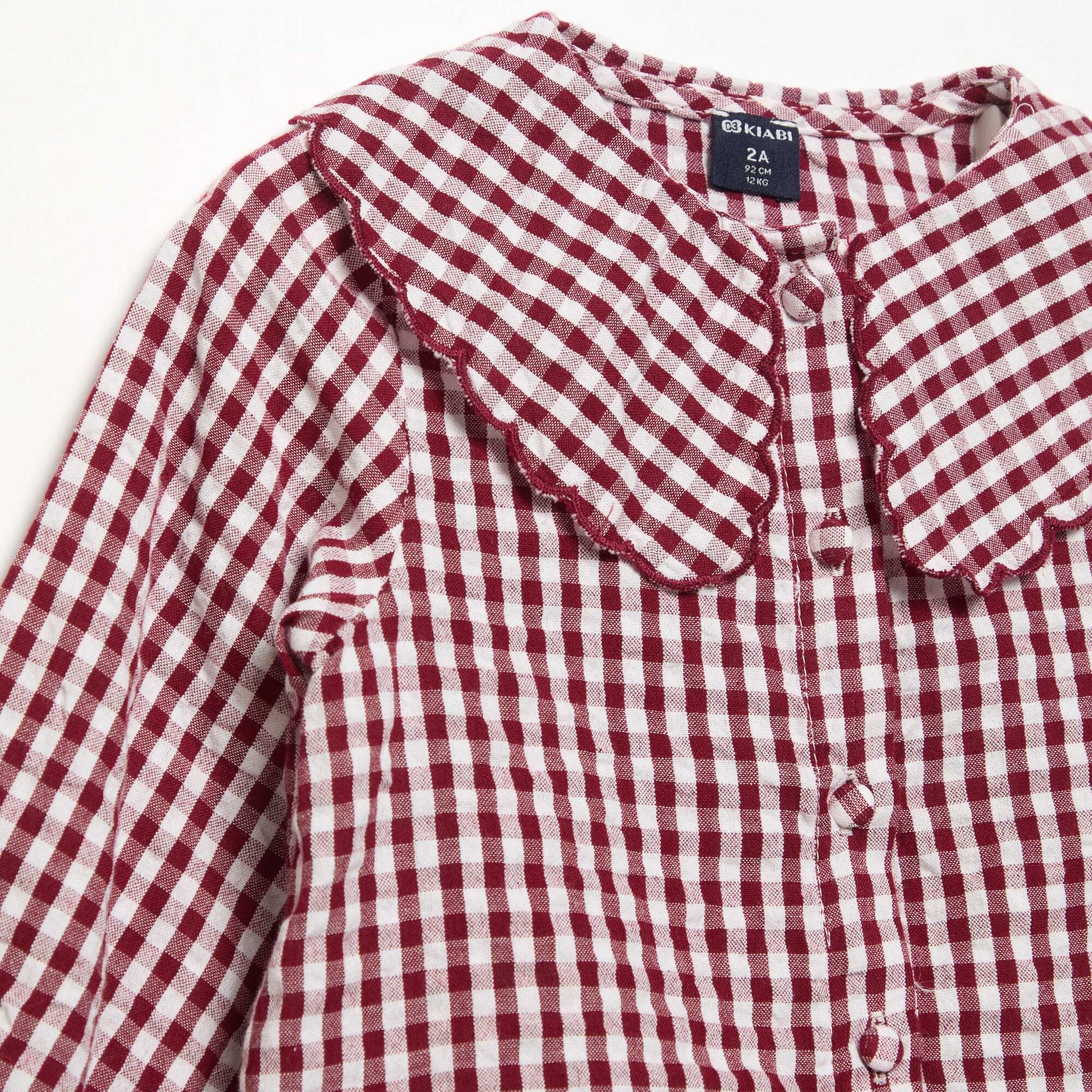 Plaid Cotton Voile Blouse with Fancy Collar BURGUNDY