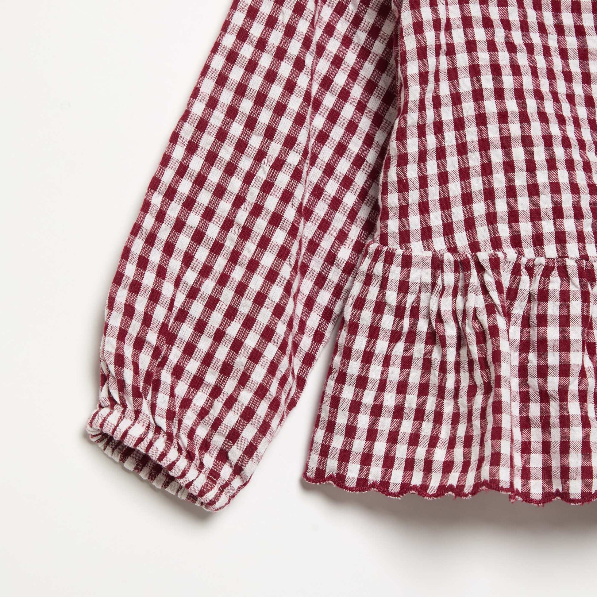 Plaid Cotton Voile Blouse with Fancy Collar BURGUNDY