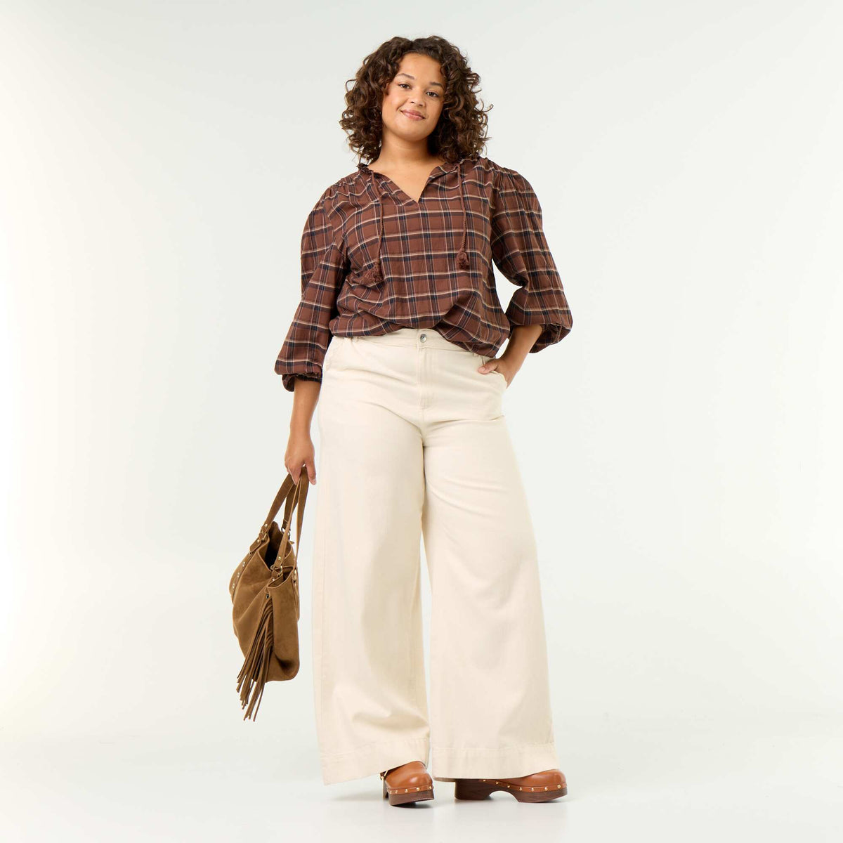 Checked Blouse with Tie-Neck BROWN