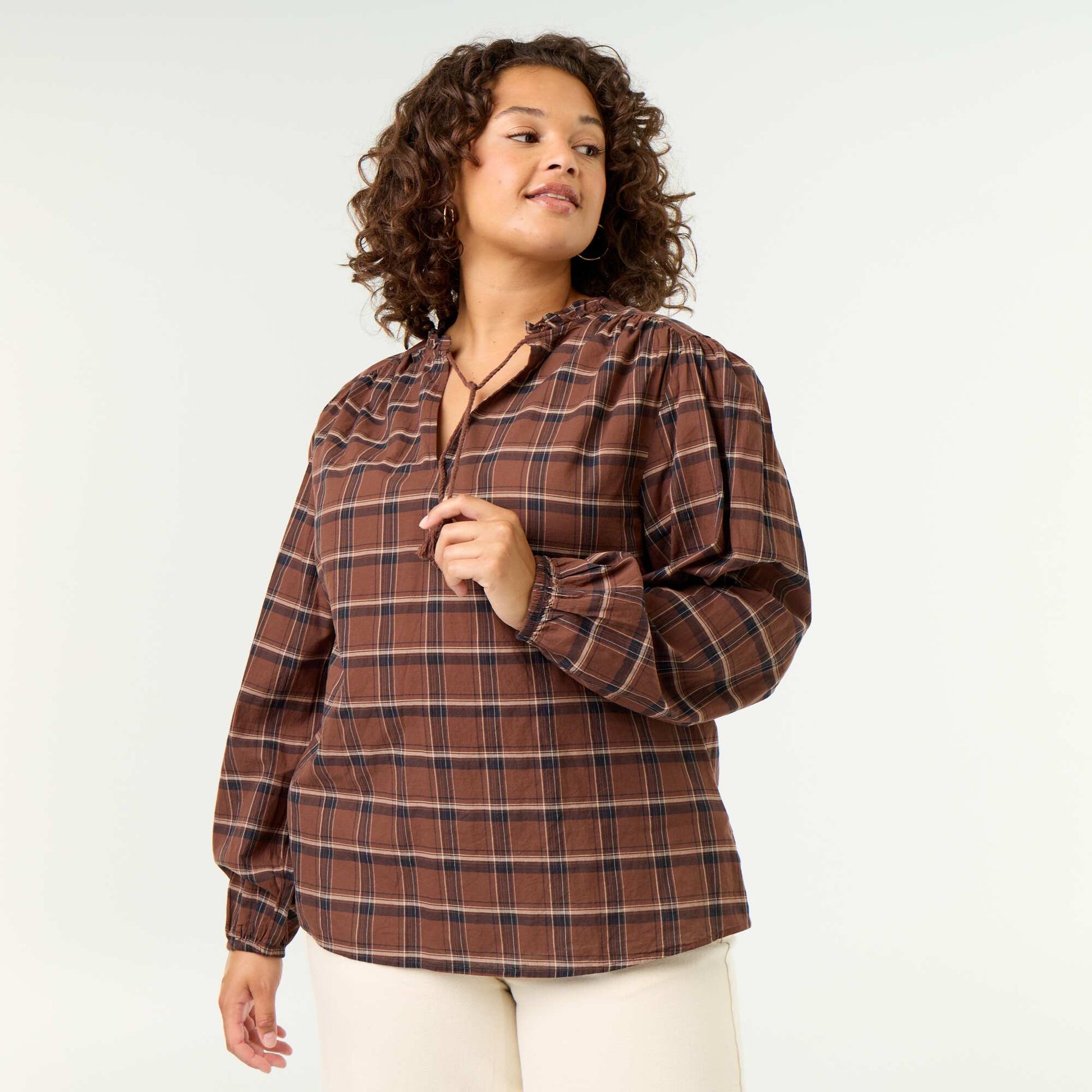 Checked Blouse with Tie-Neck BROWN
