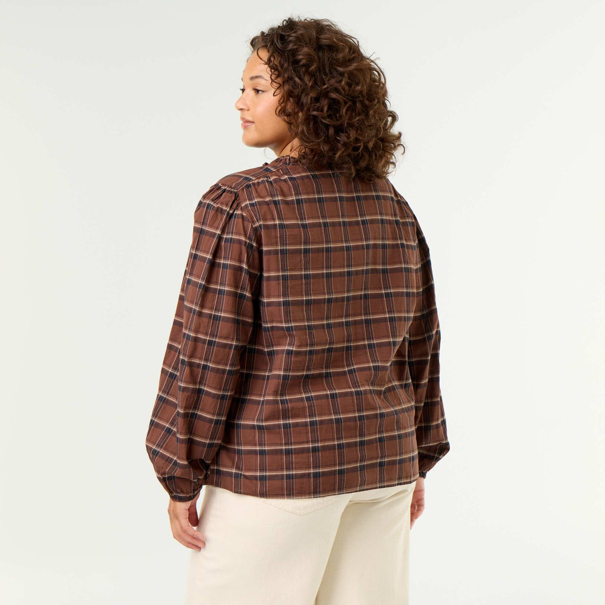 Checked Blouse with Tie-Neck BROWN