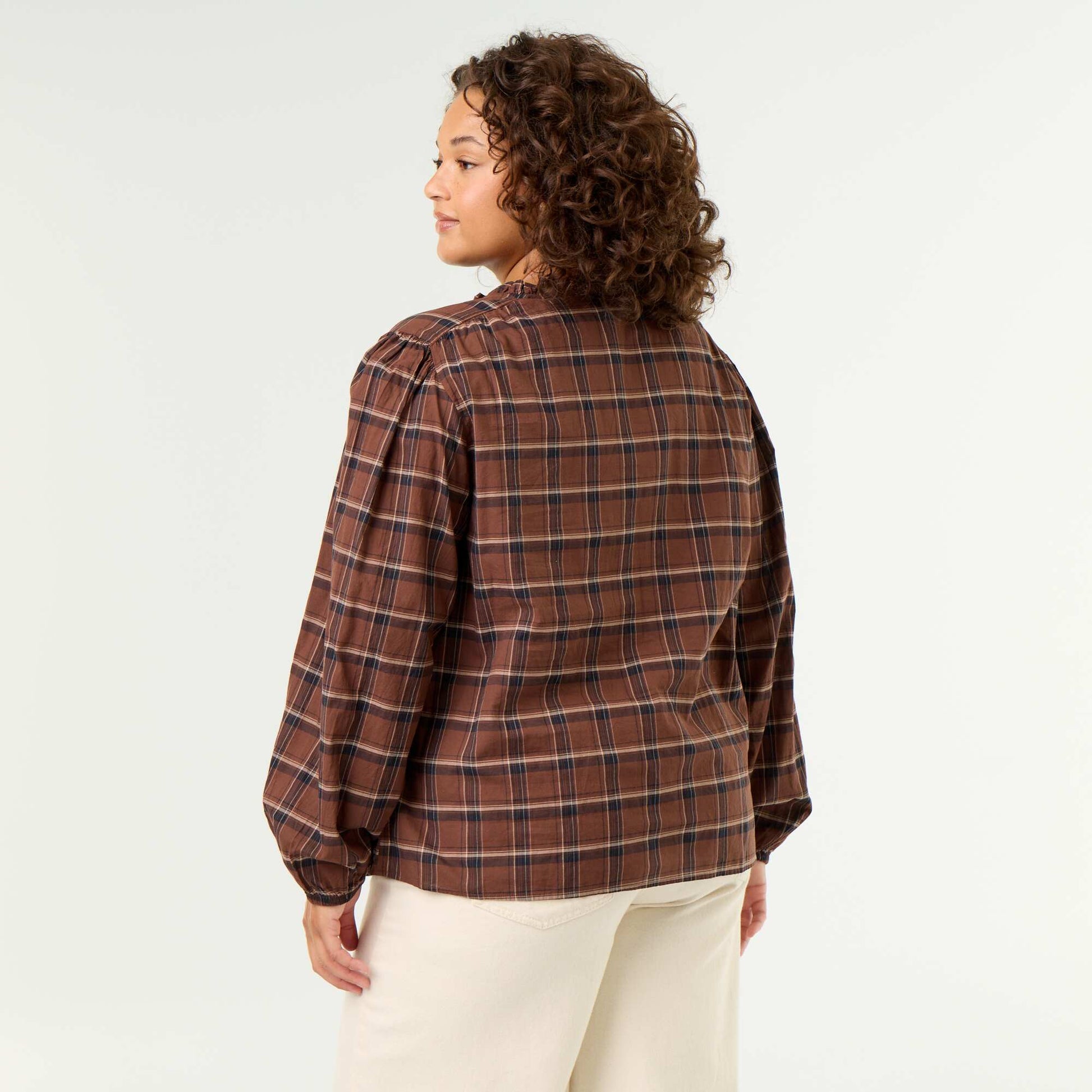 Checked Blouse with Tie-Neck BROWN