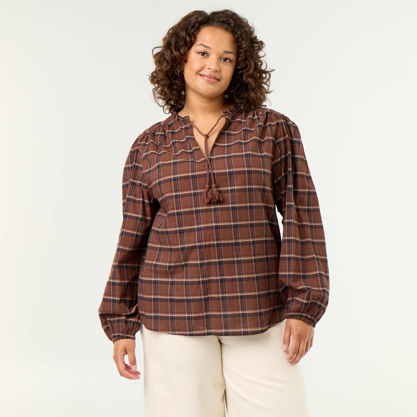 Checked Blouse with Tie-Neck BROWN