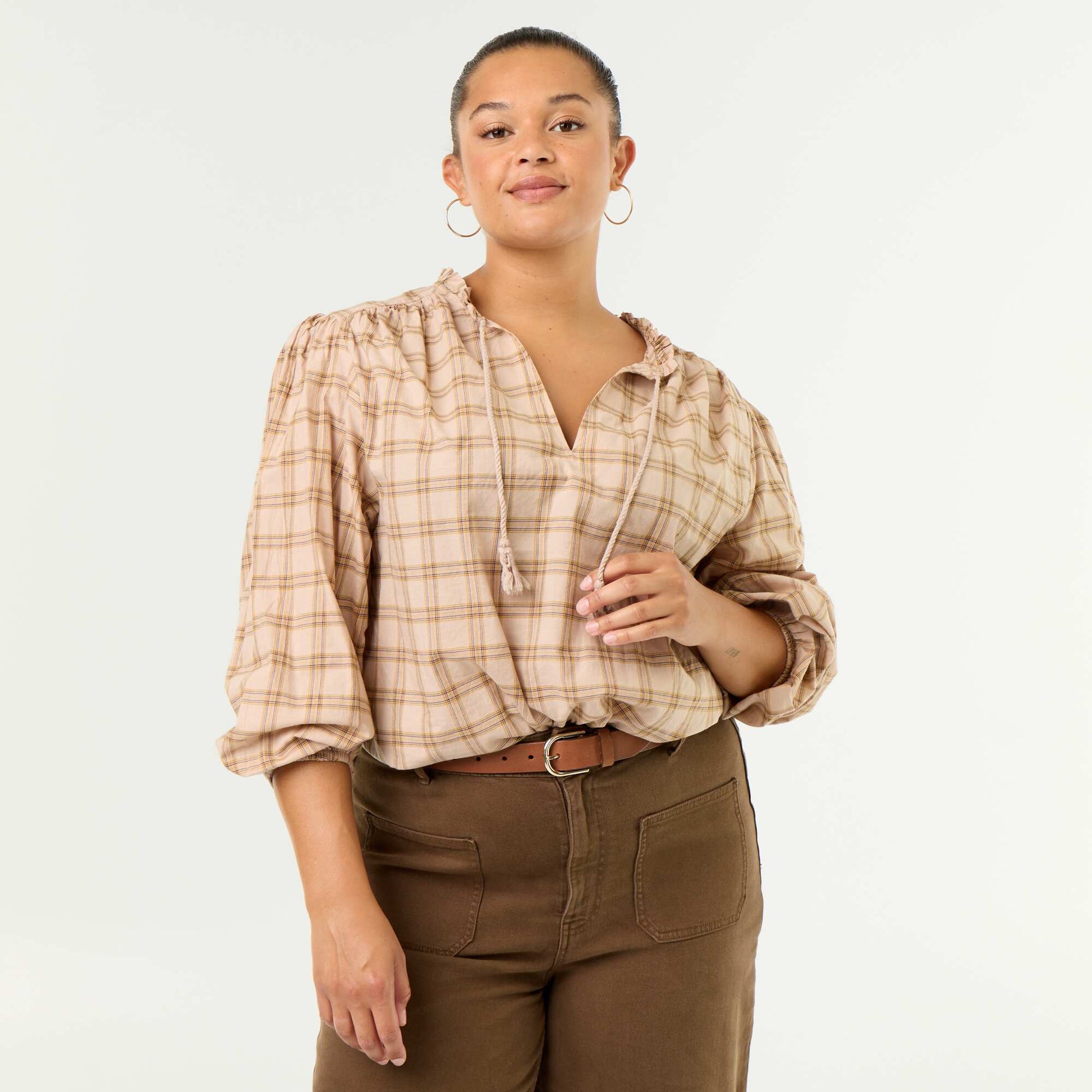 Checked Blouse with Tie-Neck BEIGE