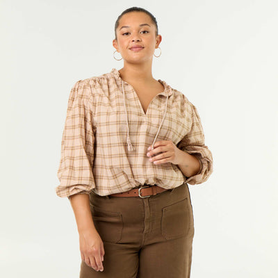 Checked Blouse with Tie-Neck BEIGE