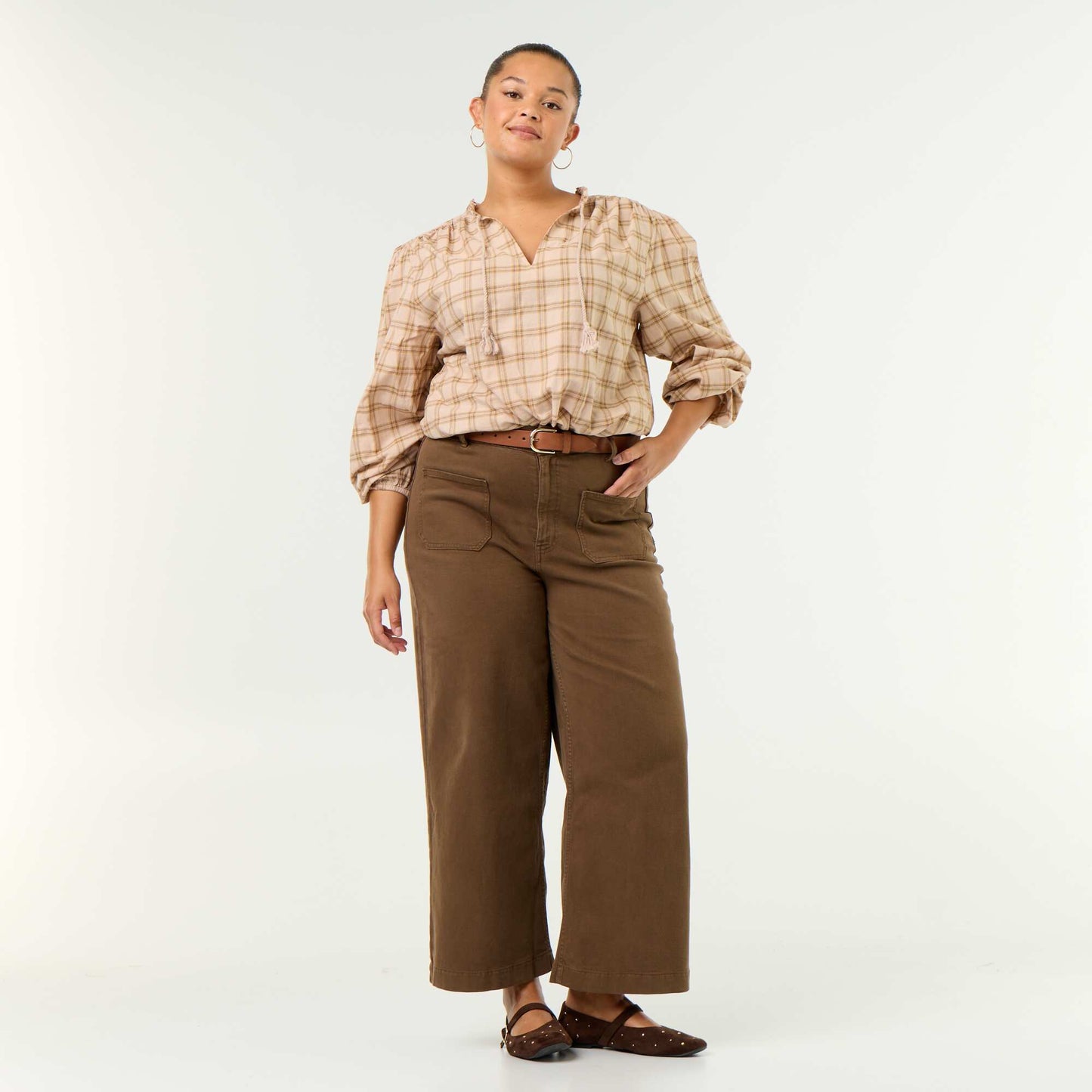 Checked Blouse with Tie-Neck BEIGE