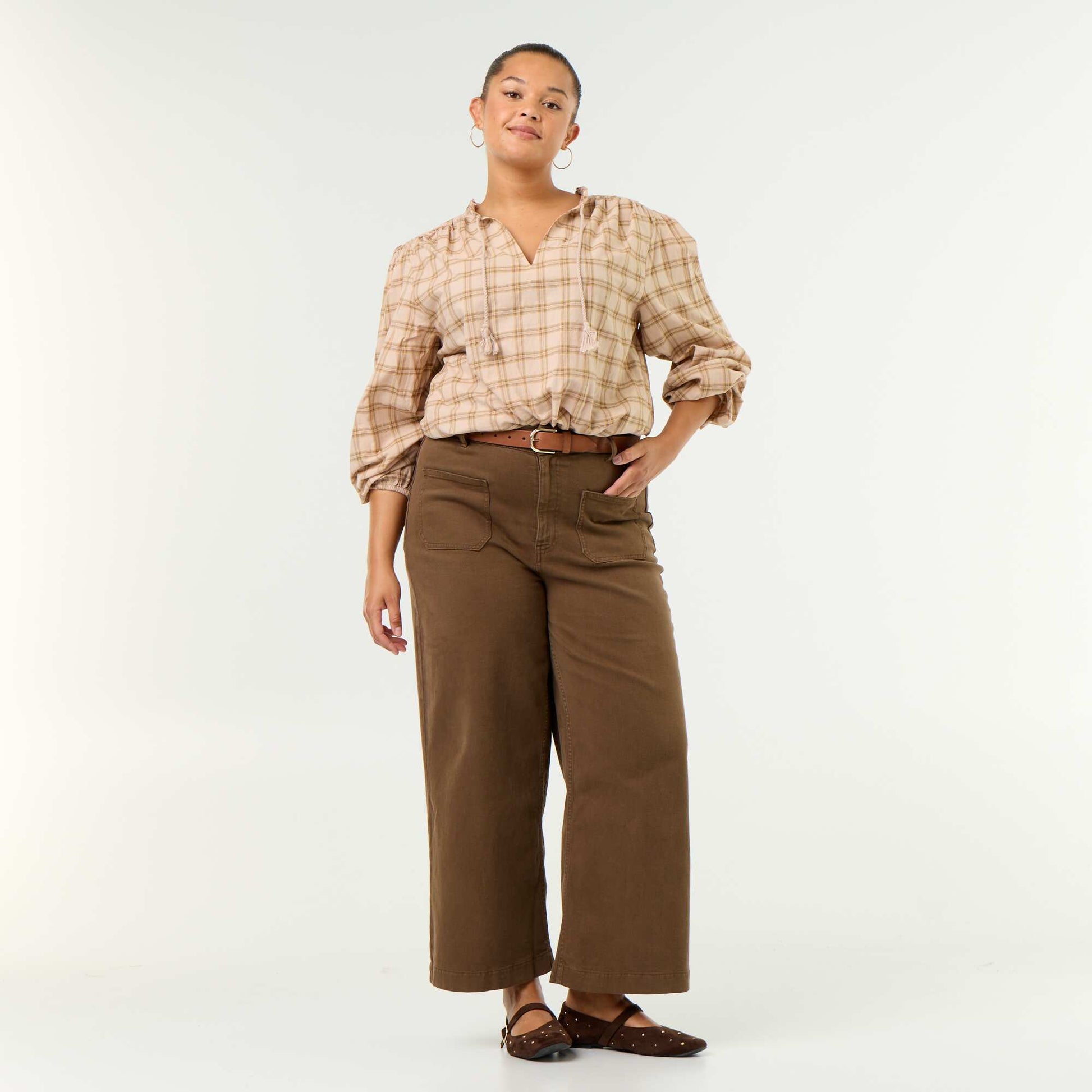 Checked Blouse with Tie-Neck BEIGE