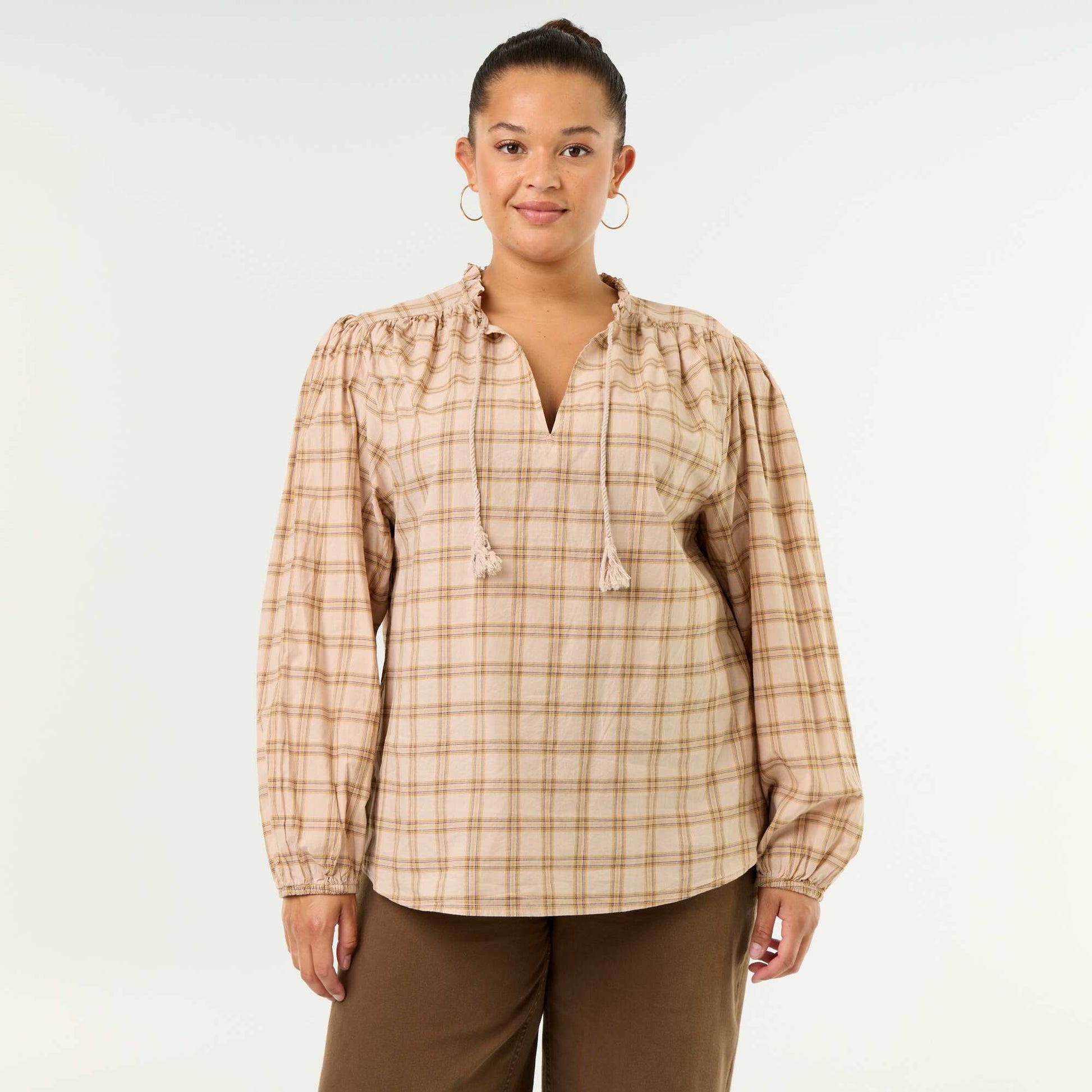 Checked Blouse with Tie-Neck BEIGE