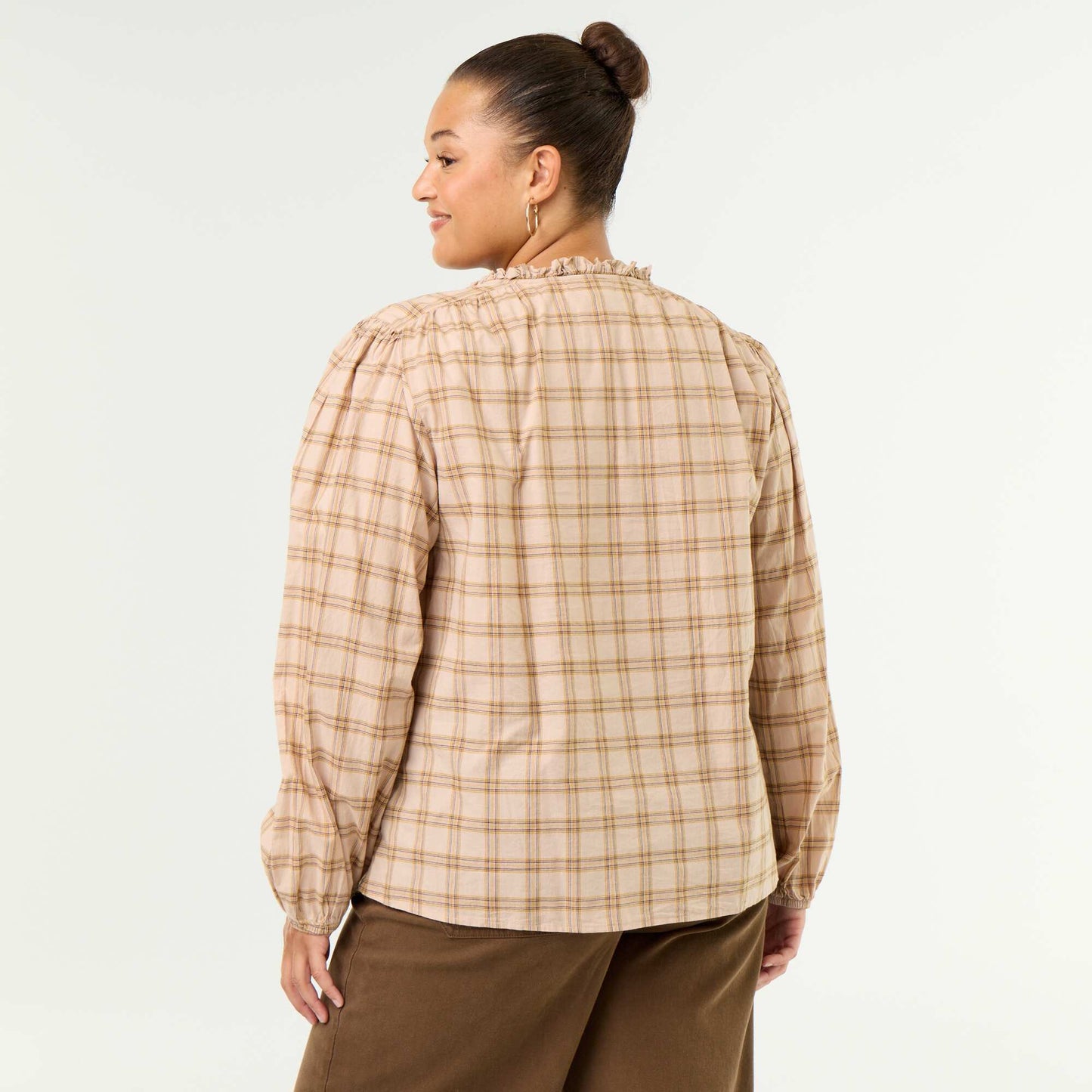 Checked Blouse with Tie-Neck BEIGE