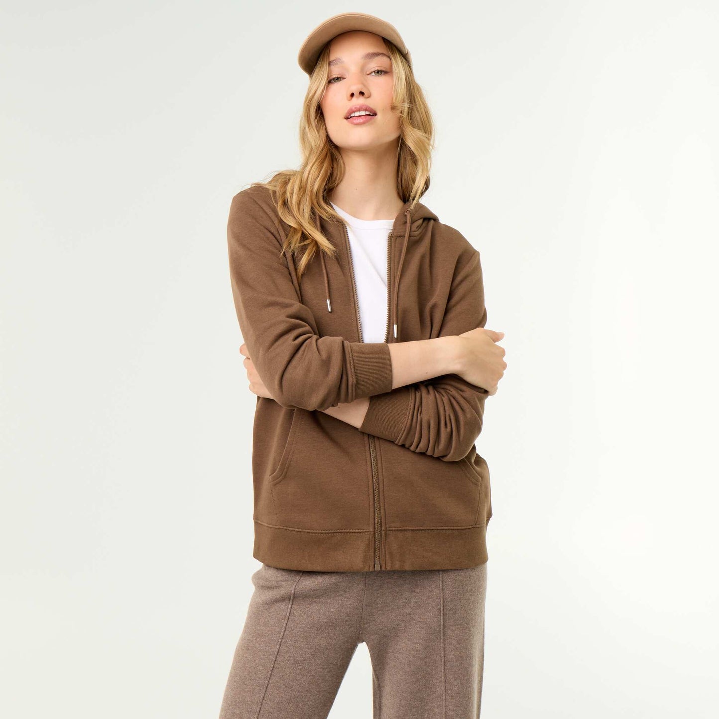 Lightweight hooded zip-up French Terry sweatshirt BROWN