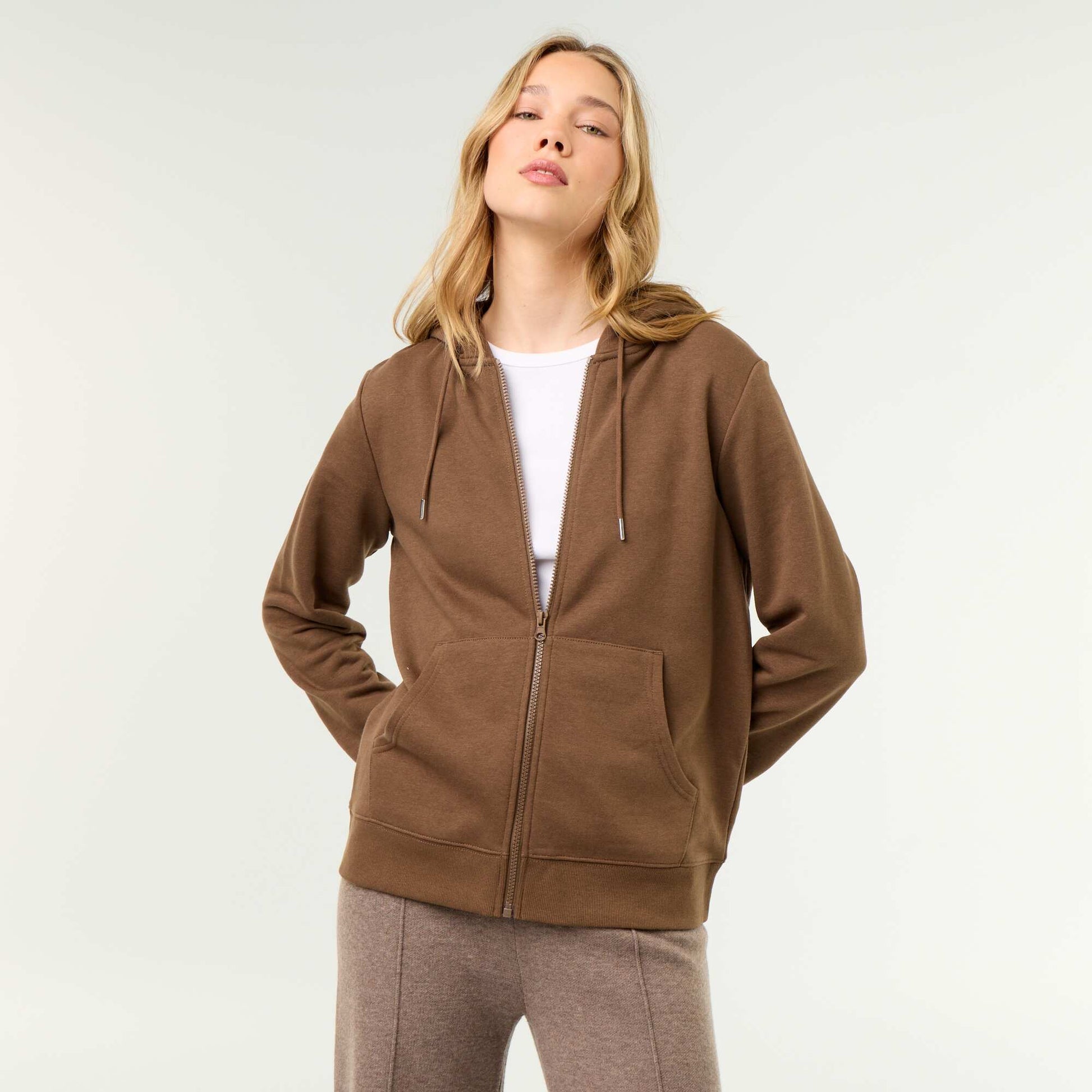Lightweight hooded zip-up French Terry sweatshirt BROWN