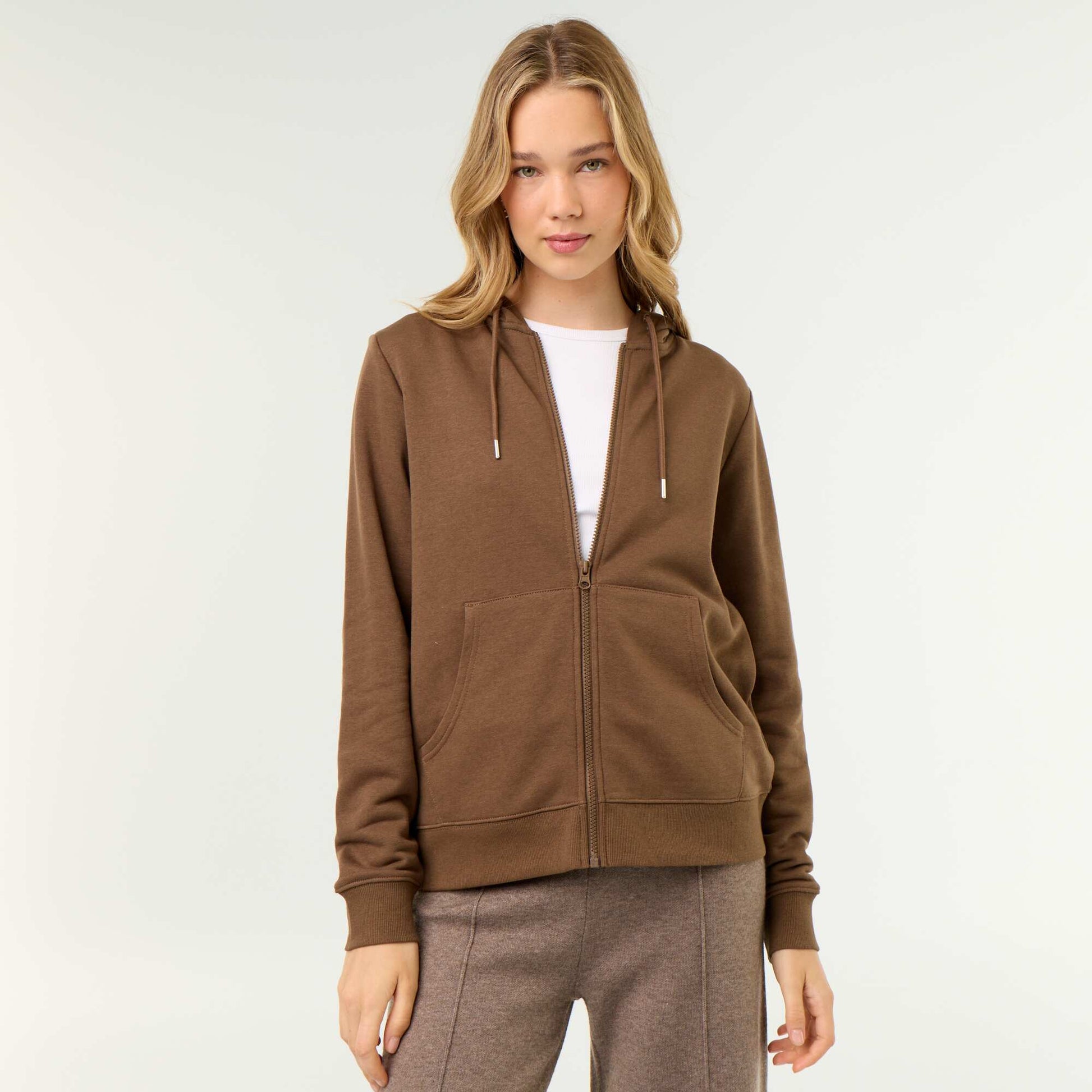 Lightweight hooded zip-up French Terry sweatshirt BROWN
