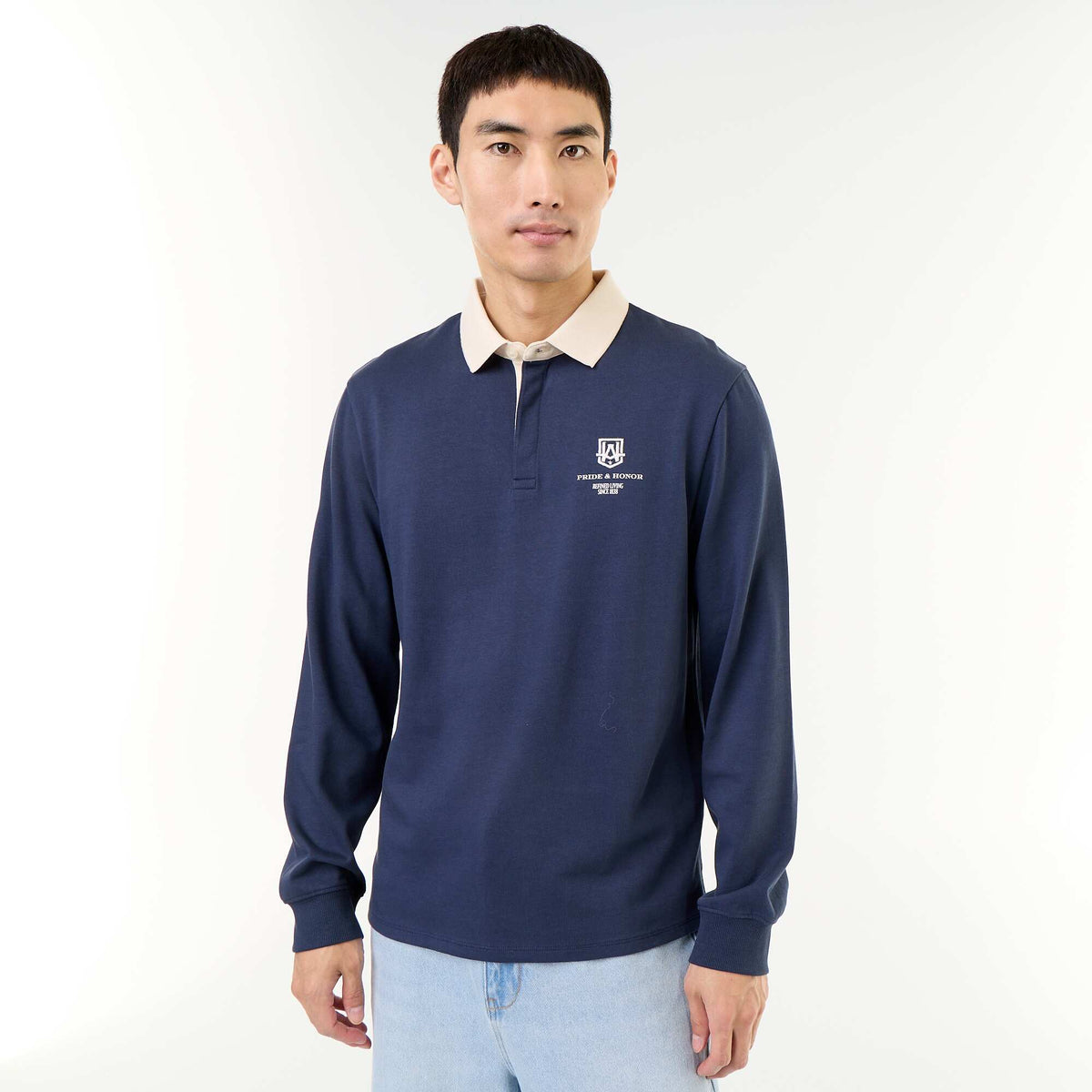 Rugby style polo with embroidered lettering BLUE