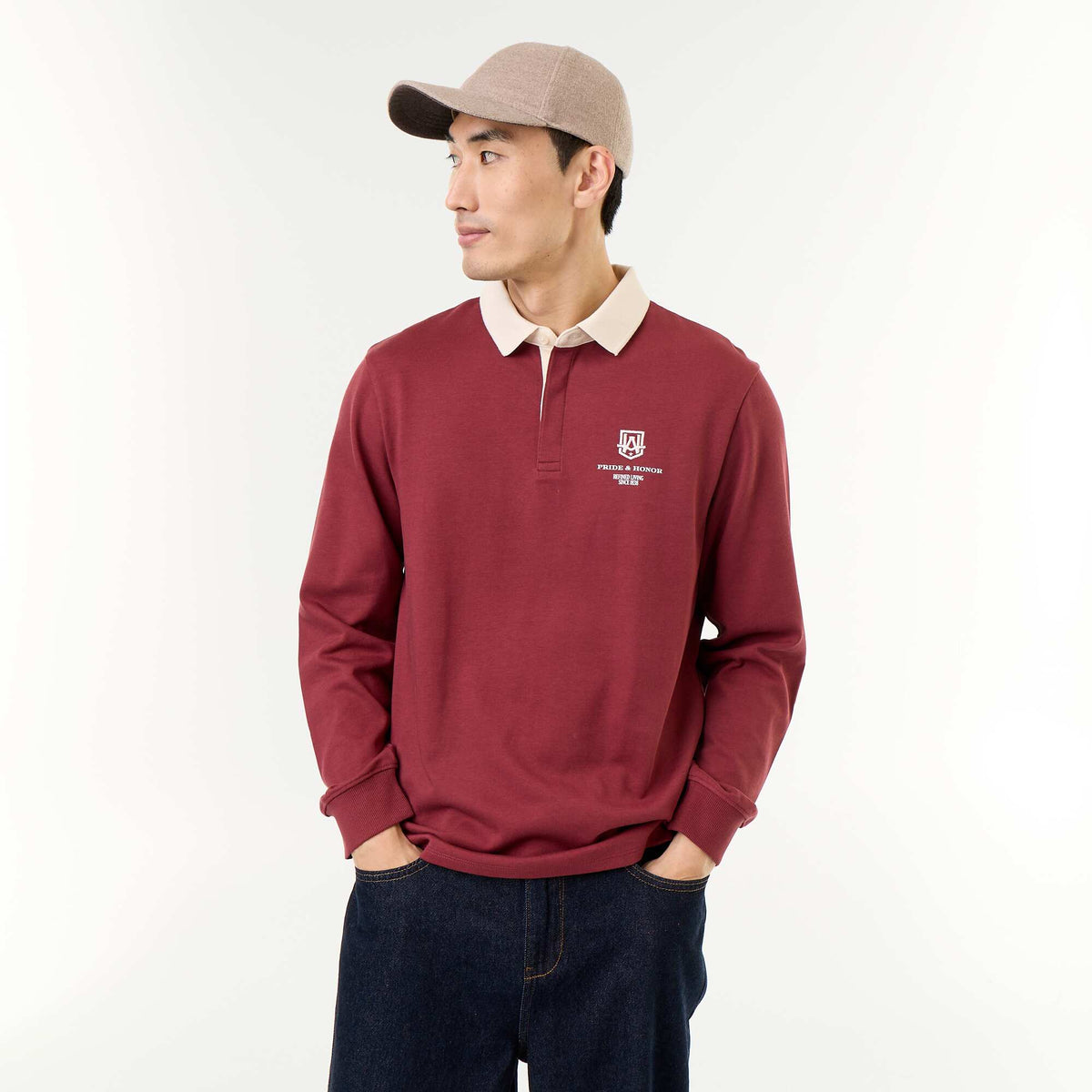 Rugby style polo with embroidered lettering BLUE