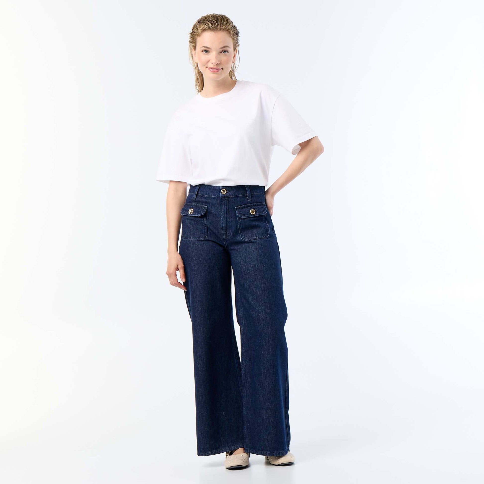 Raw denim wide leg trousers with gold buttons BLUE