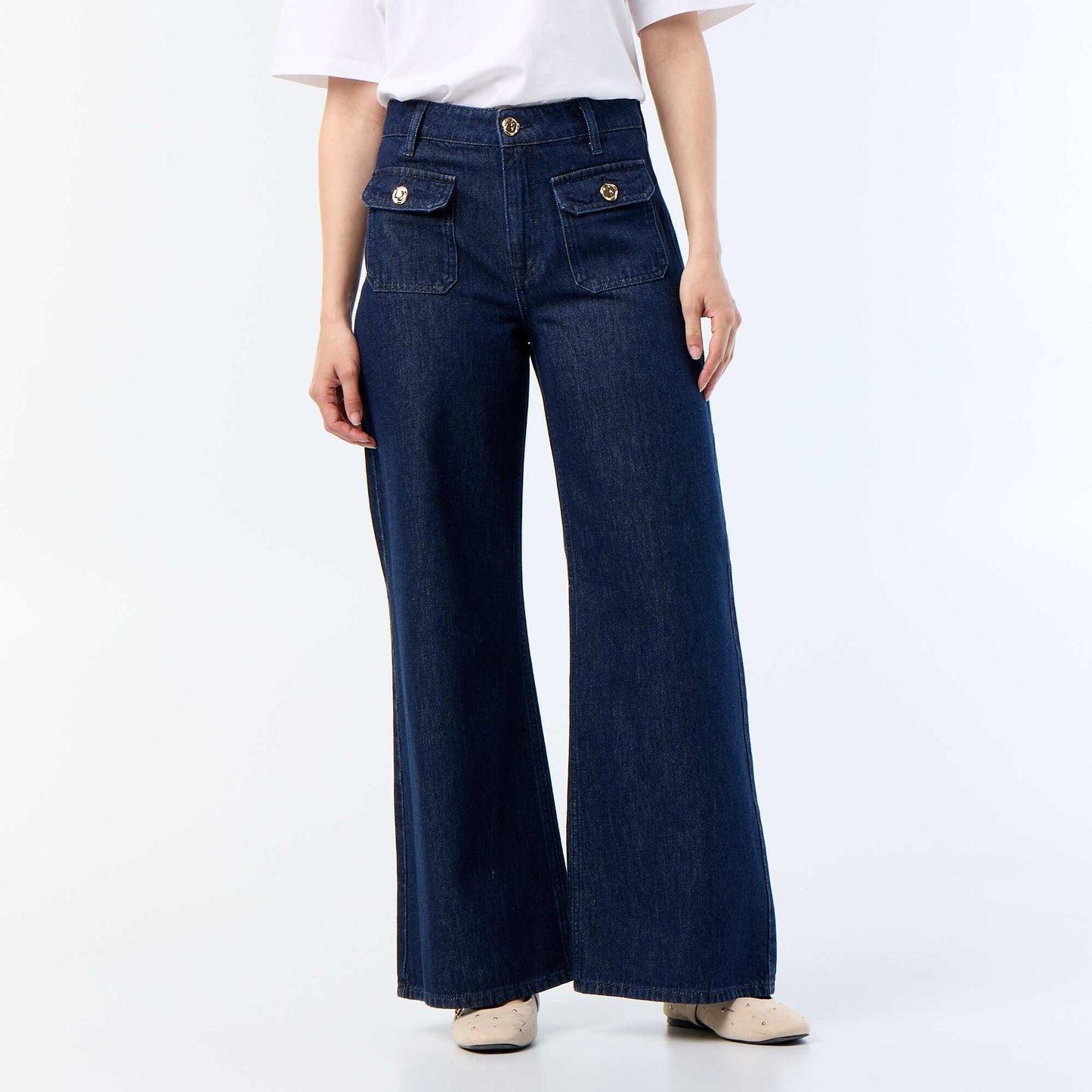 Raw denim wide leg trousers with gold buttons BLUE
