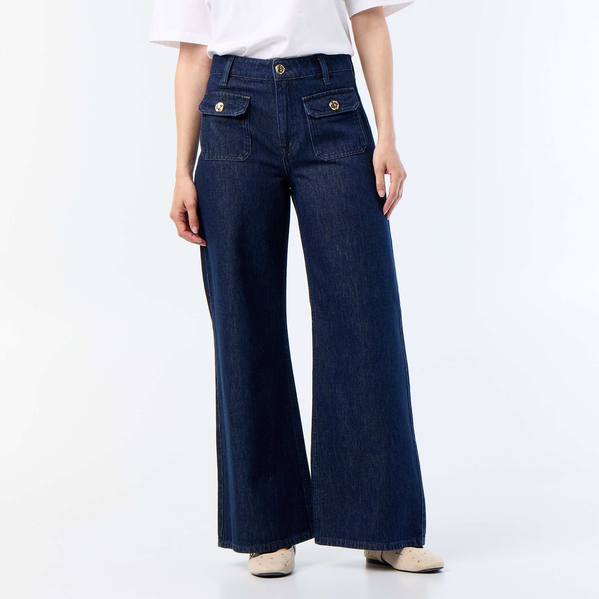 Raw denim wide leg trousers with gold buttons BLUE