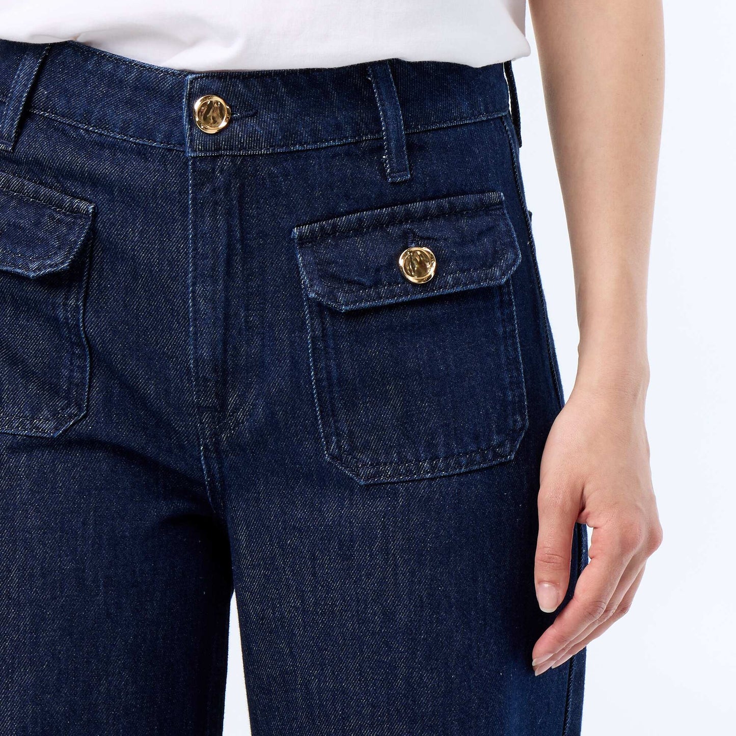 Raw denim wide leg trousers with gold buttons BLUE