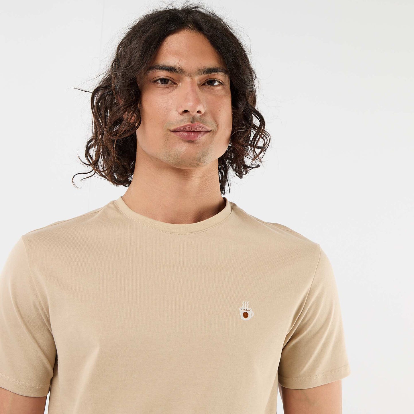 Plain short-sleeved T-shirt with embroidery BEIGE