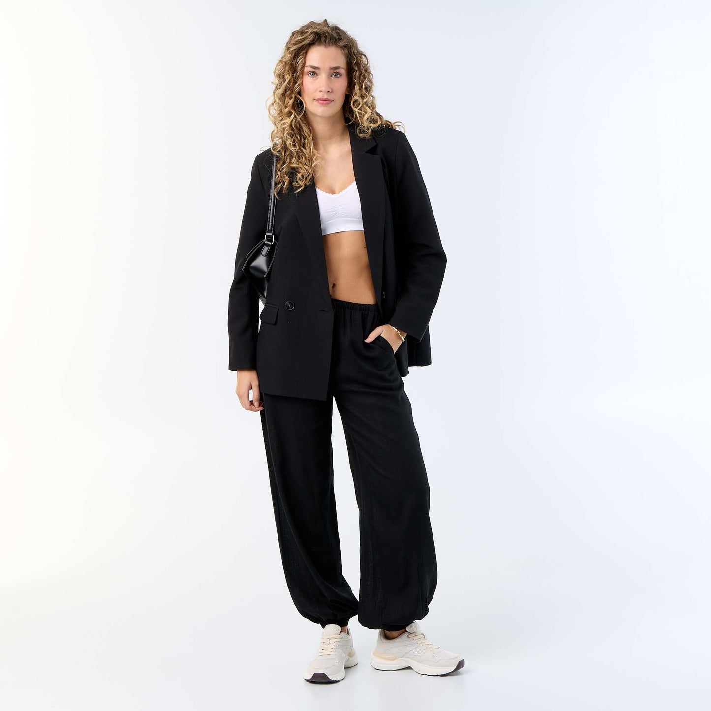 Solid Color Balloon Fit Trousers with 2 Pockets BLACK