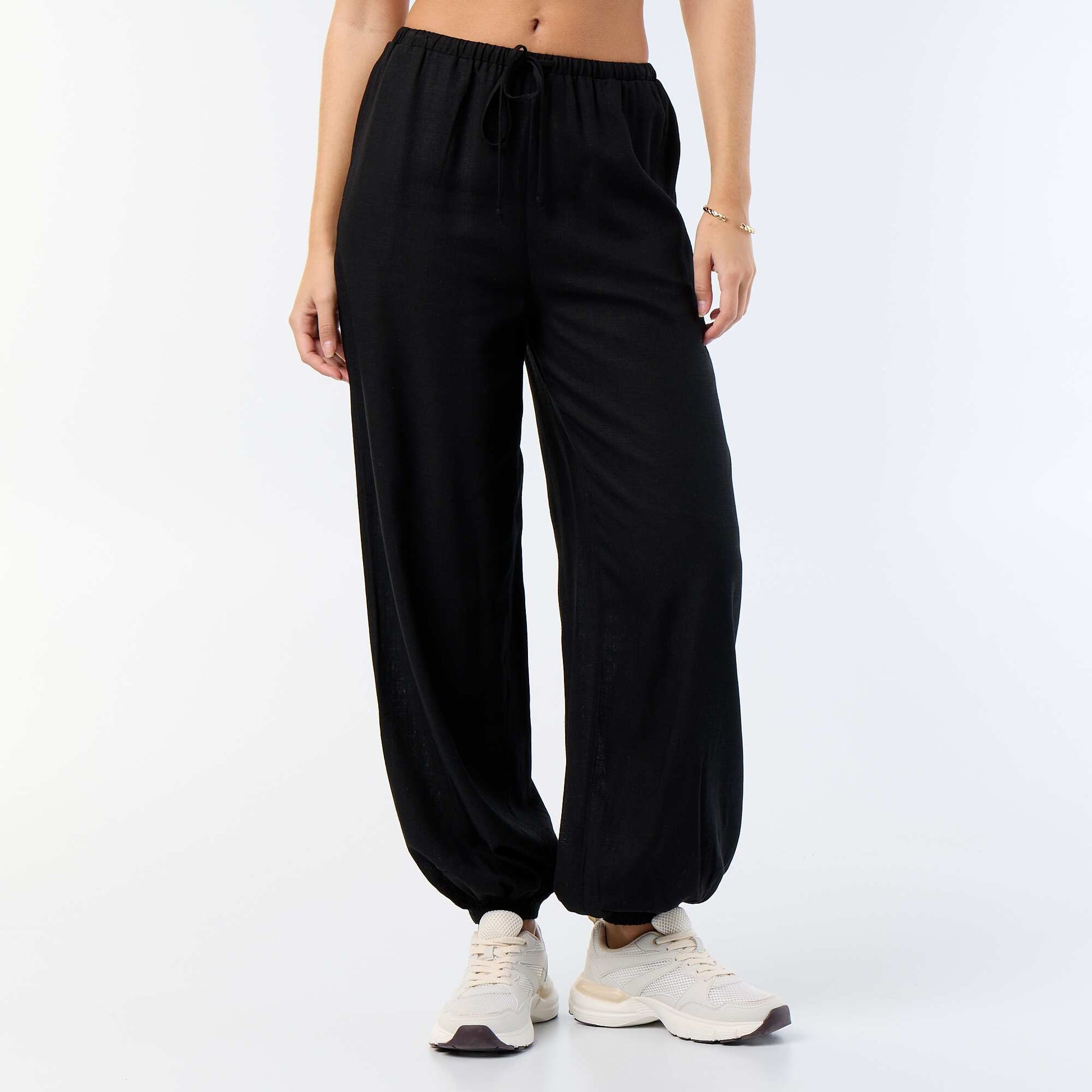 Solid Color Balloon Fit Trousers with 2 Pockets BLACK