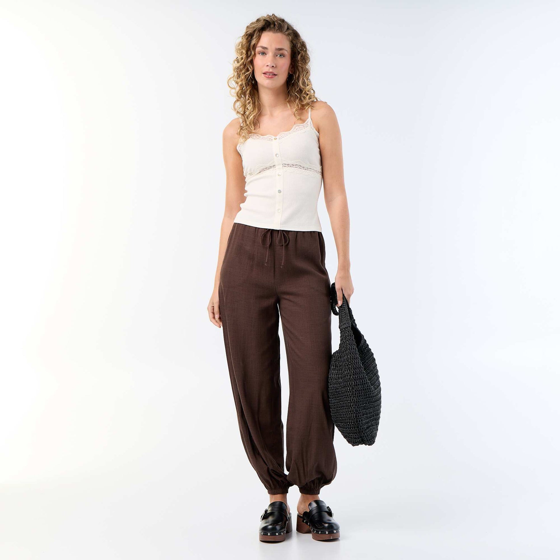 Solid Color Balloon Fit Trousers with 2 Pockets BROWN