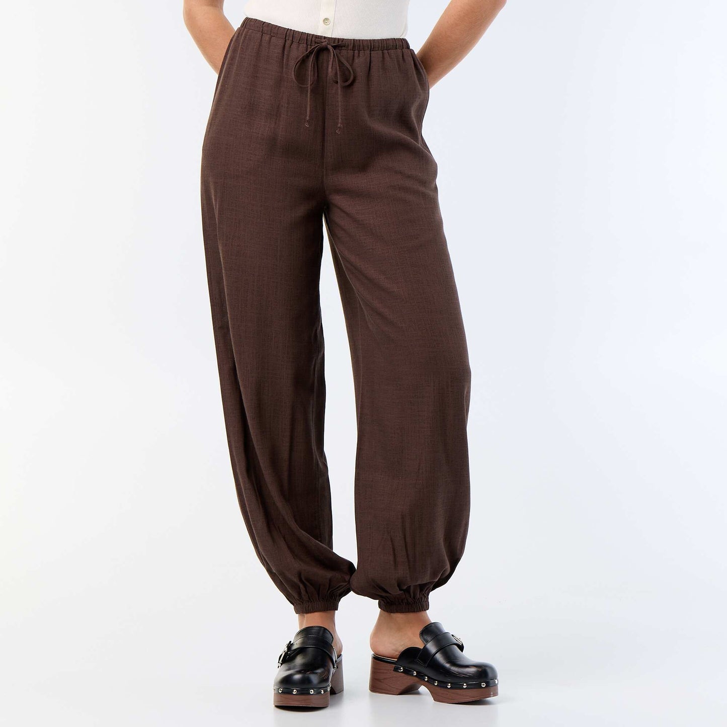 Solid Color Balloon Fit Trousers with 2 Pockets BROWN