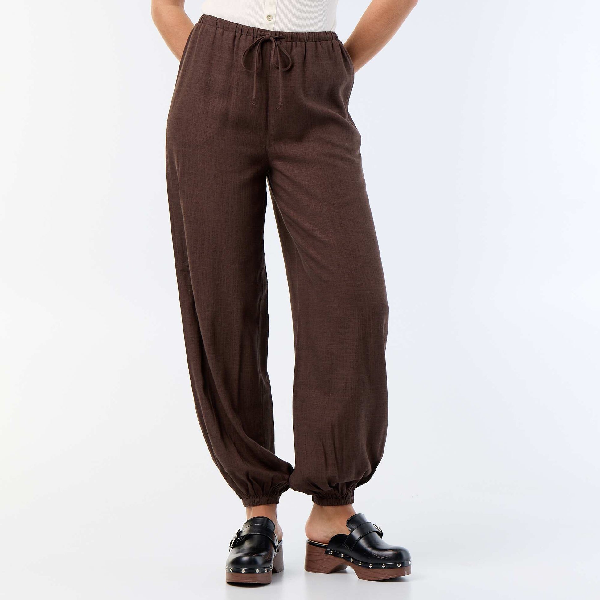 Solid Color Balloon Fit Trousers with 2 Pockets BROWN