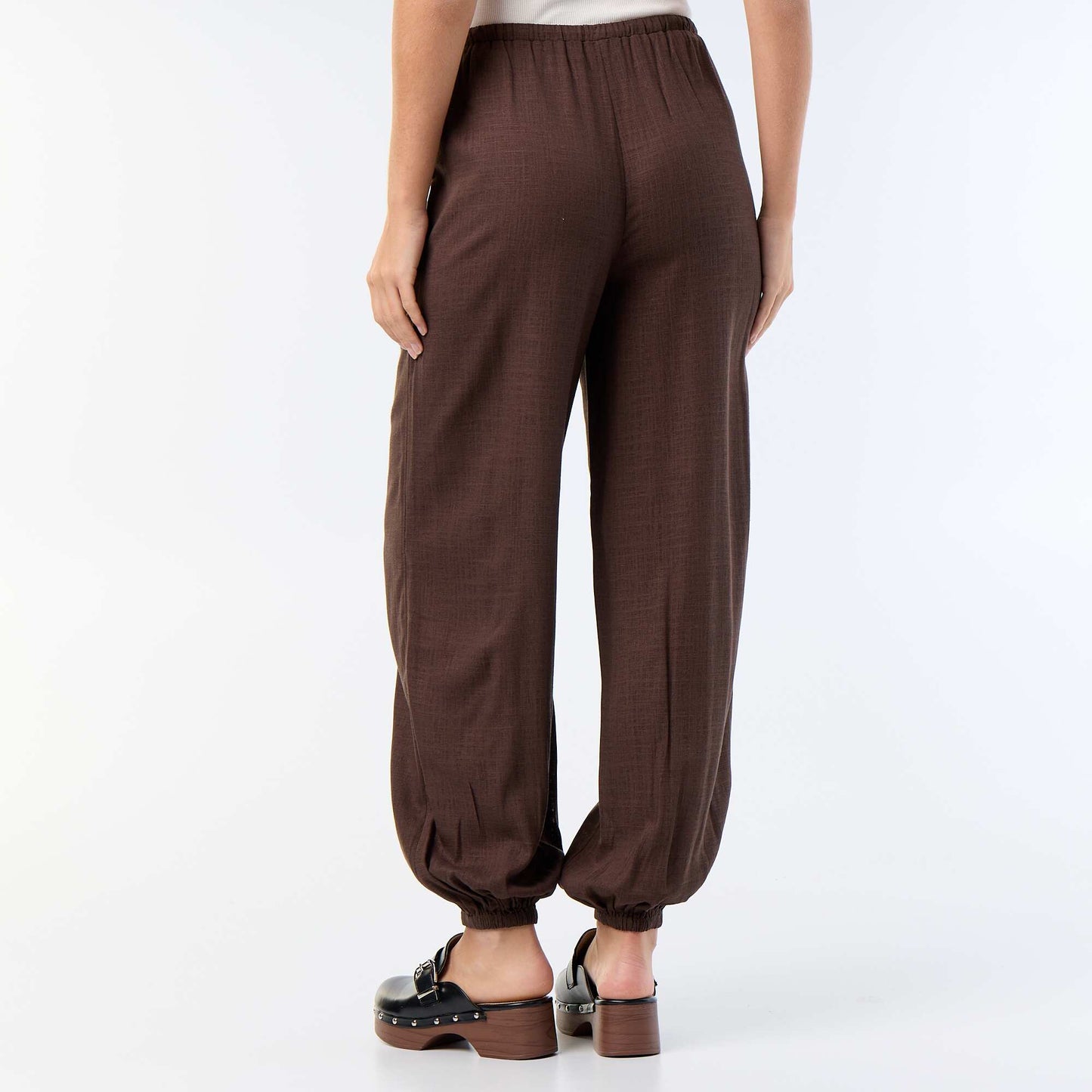 Solid Color Balloon Fit Trousers with 2 Pockets BROWN