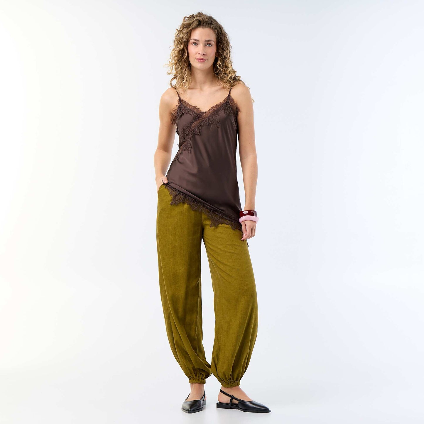 Solid Color Balloon Fit Trousers with 2 Pockets GREEN